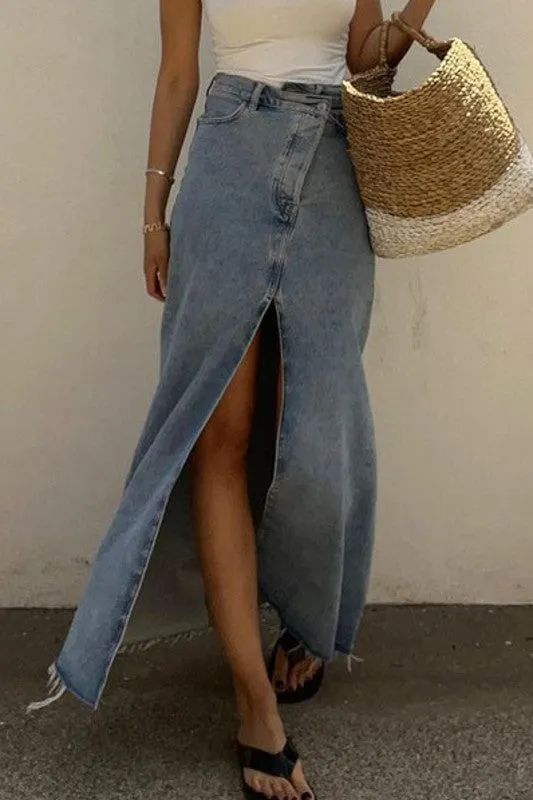 Long Maxi High Waisted Denim Skirt With Slit