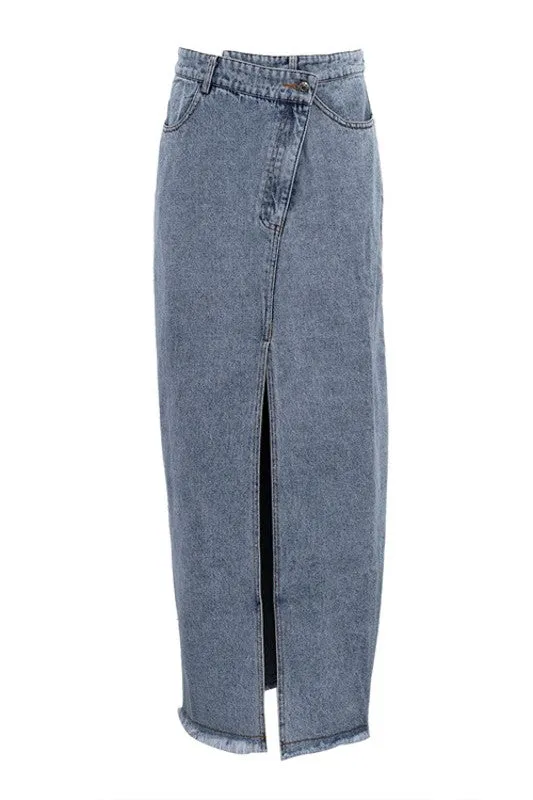 Long Maxi High Waisted Denim Skirt With Slit