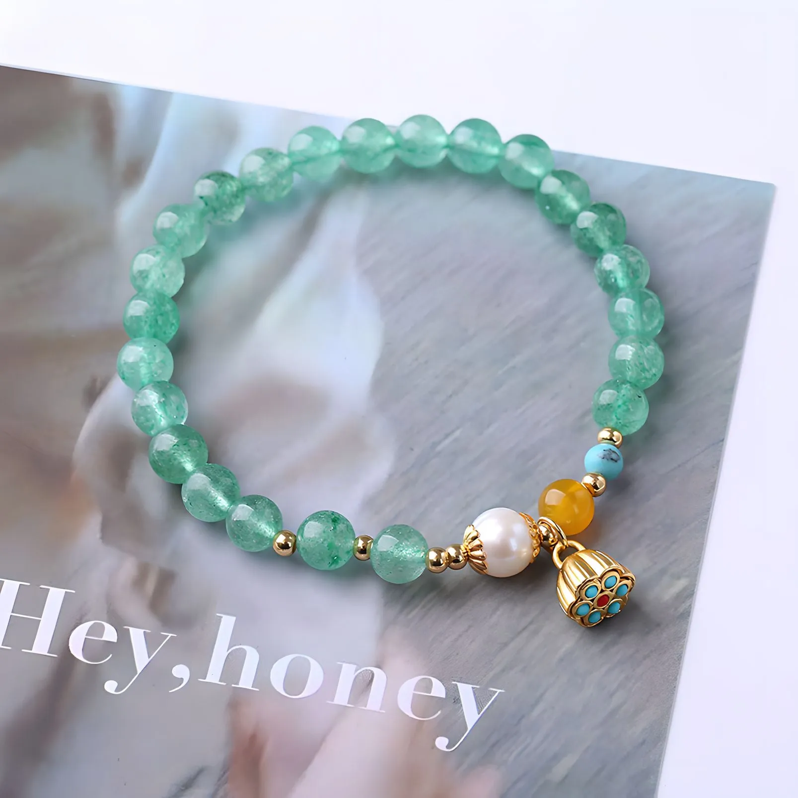 Luxyin Iris Green Strawberry Quartz Crystal Bead Bracelet