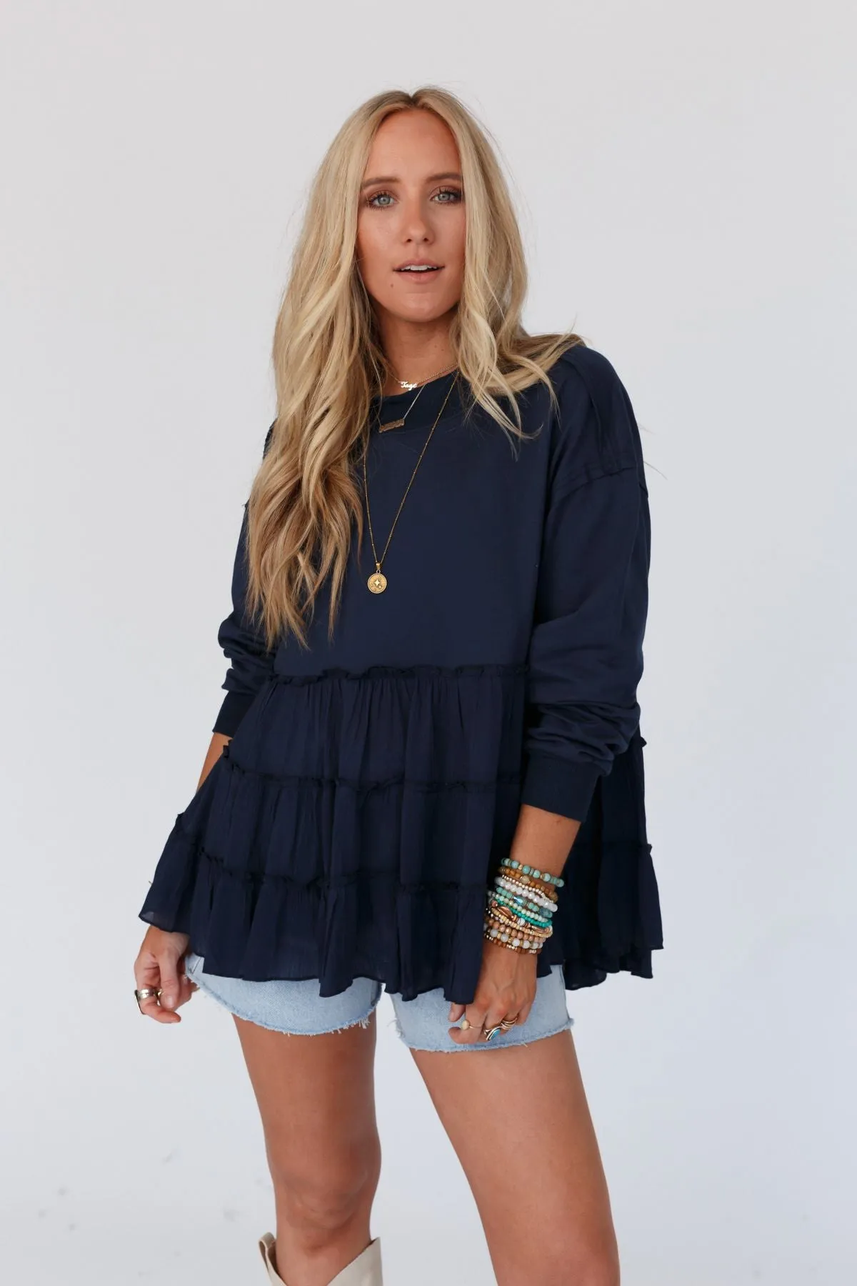 Madeira Tiered Babydoll Top - Navy