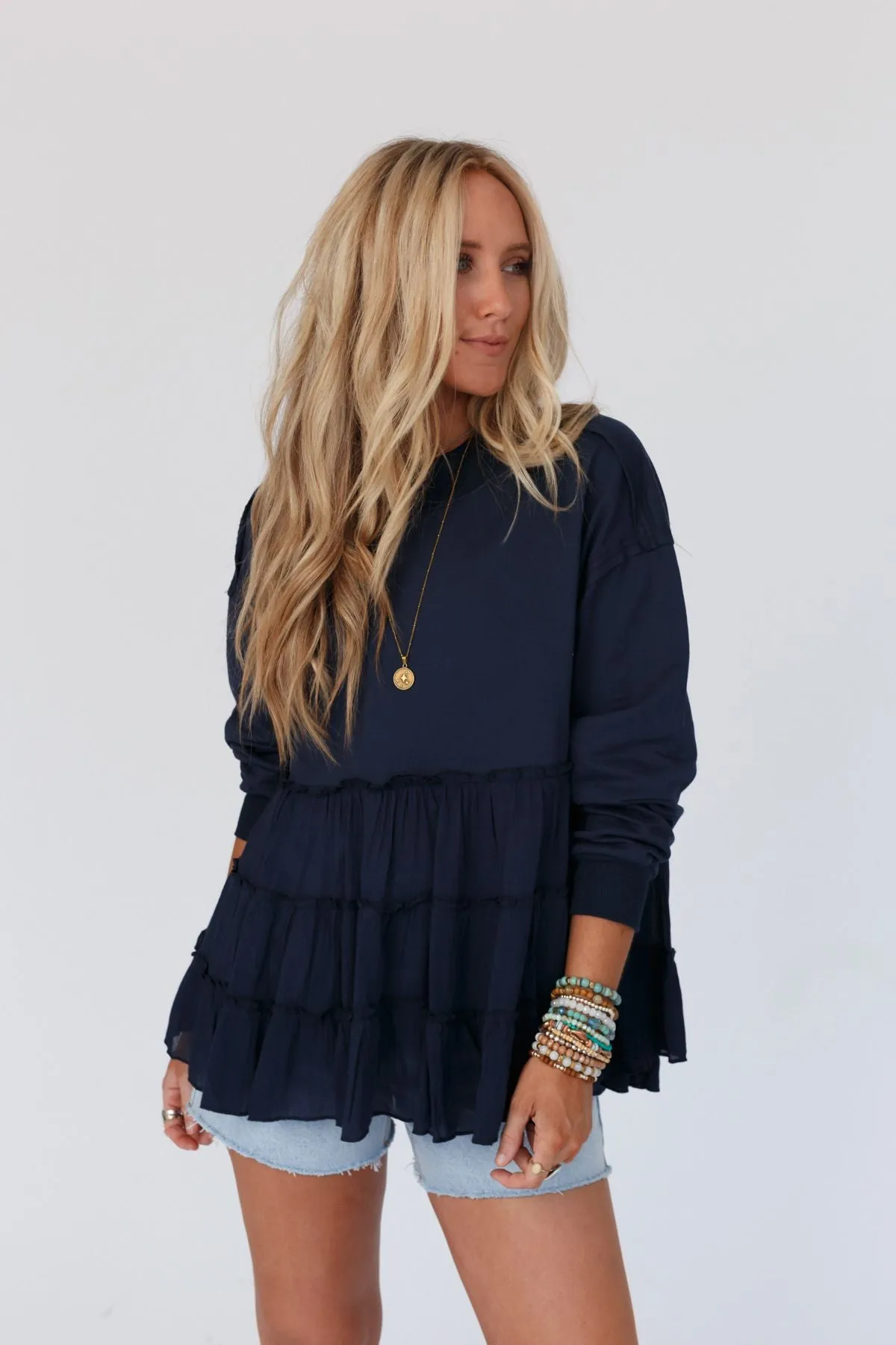 Madeira Tiered Babydoll Top - Navy