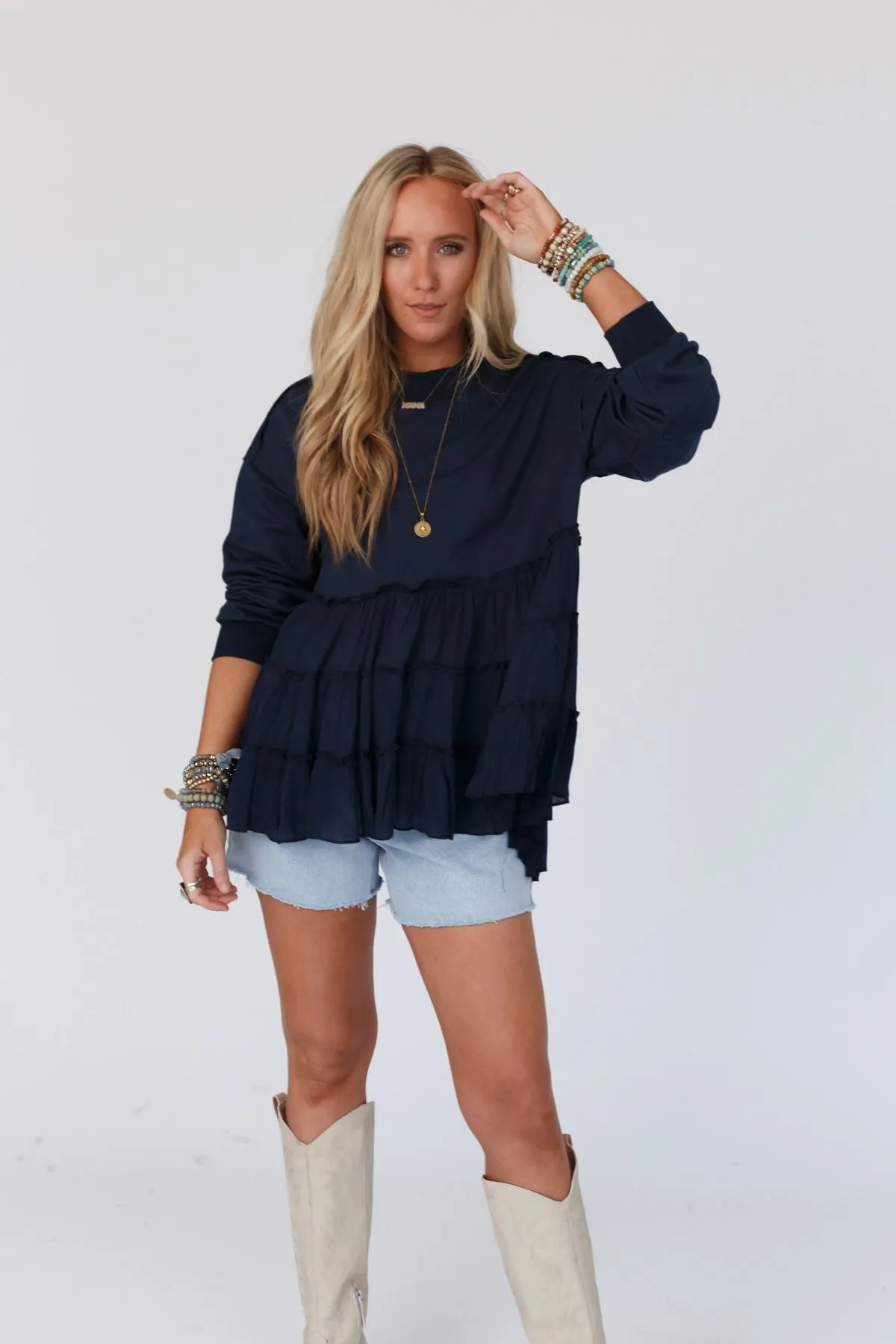 Madeira Tiered Babydoll Top - Navy