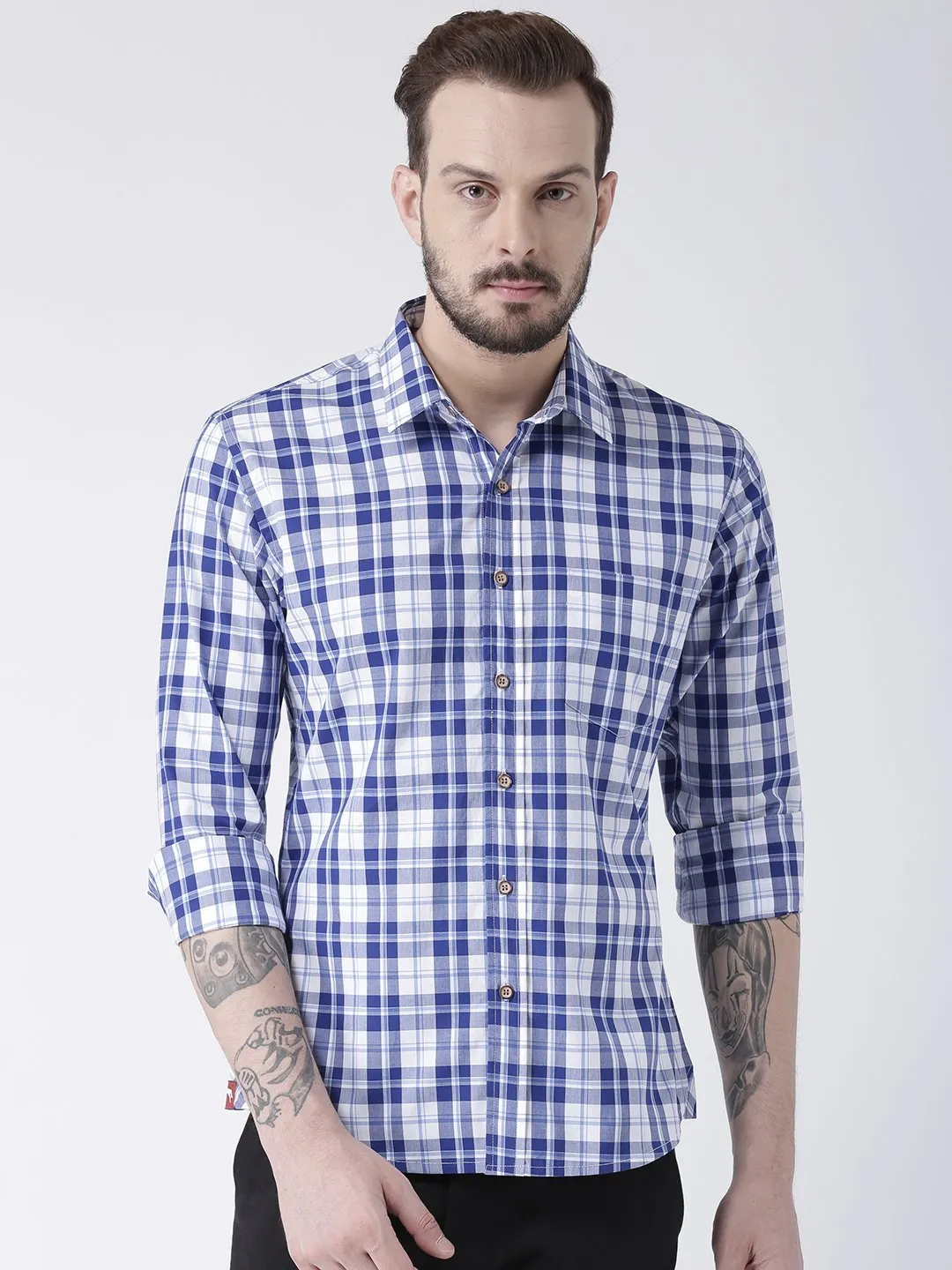 Men Navy Blue Checked Cotton Slim Fit Shirt