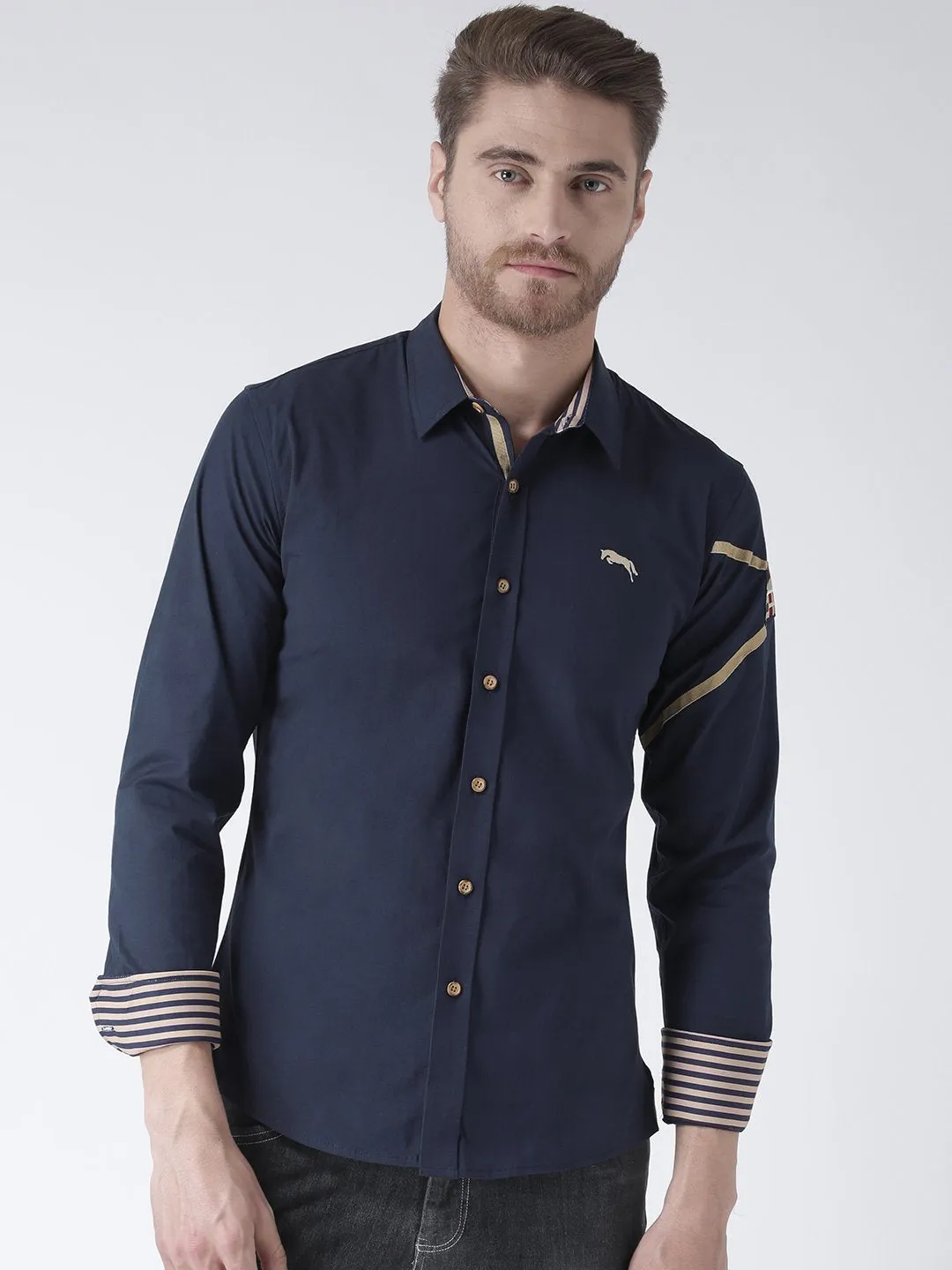 Men Navy Blue Solid Cotton Regular Fit Shirt