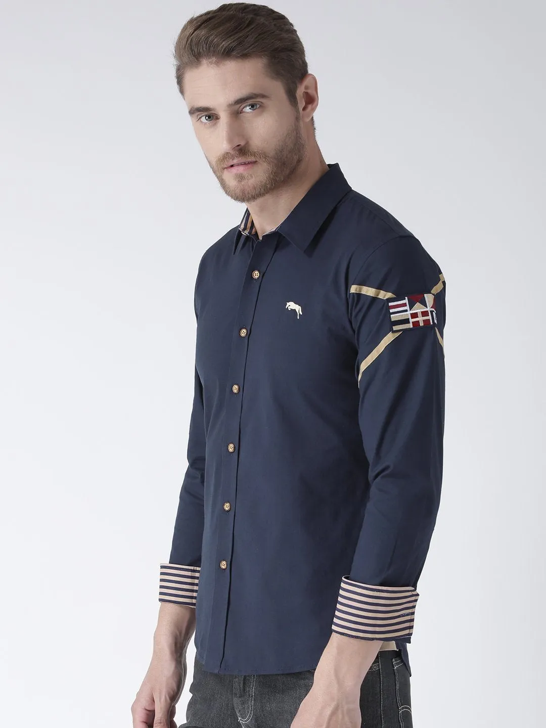 Men Navy Blue Solid Cotton Regular Fit Shirt