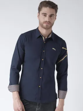 Men Navy Blue Solid Cotton Regular Fit Shirt