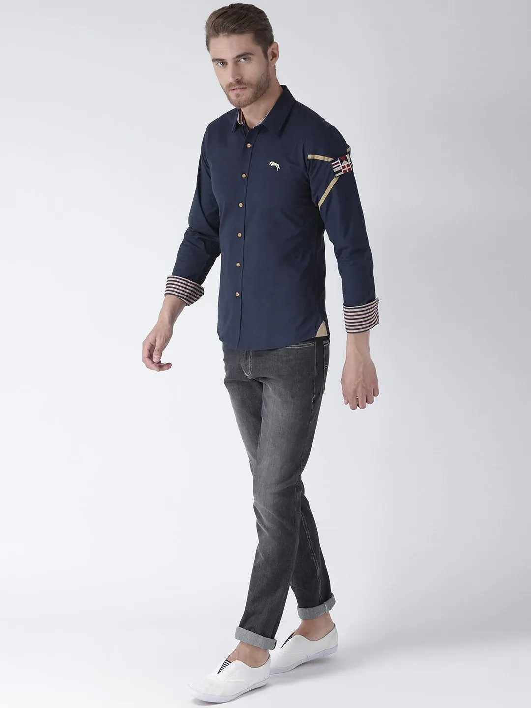 Men Navy Blue Solid Cotton Regular Fit Shirt