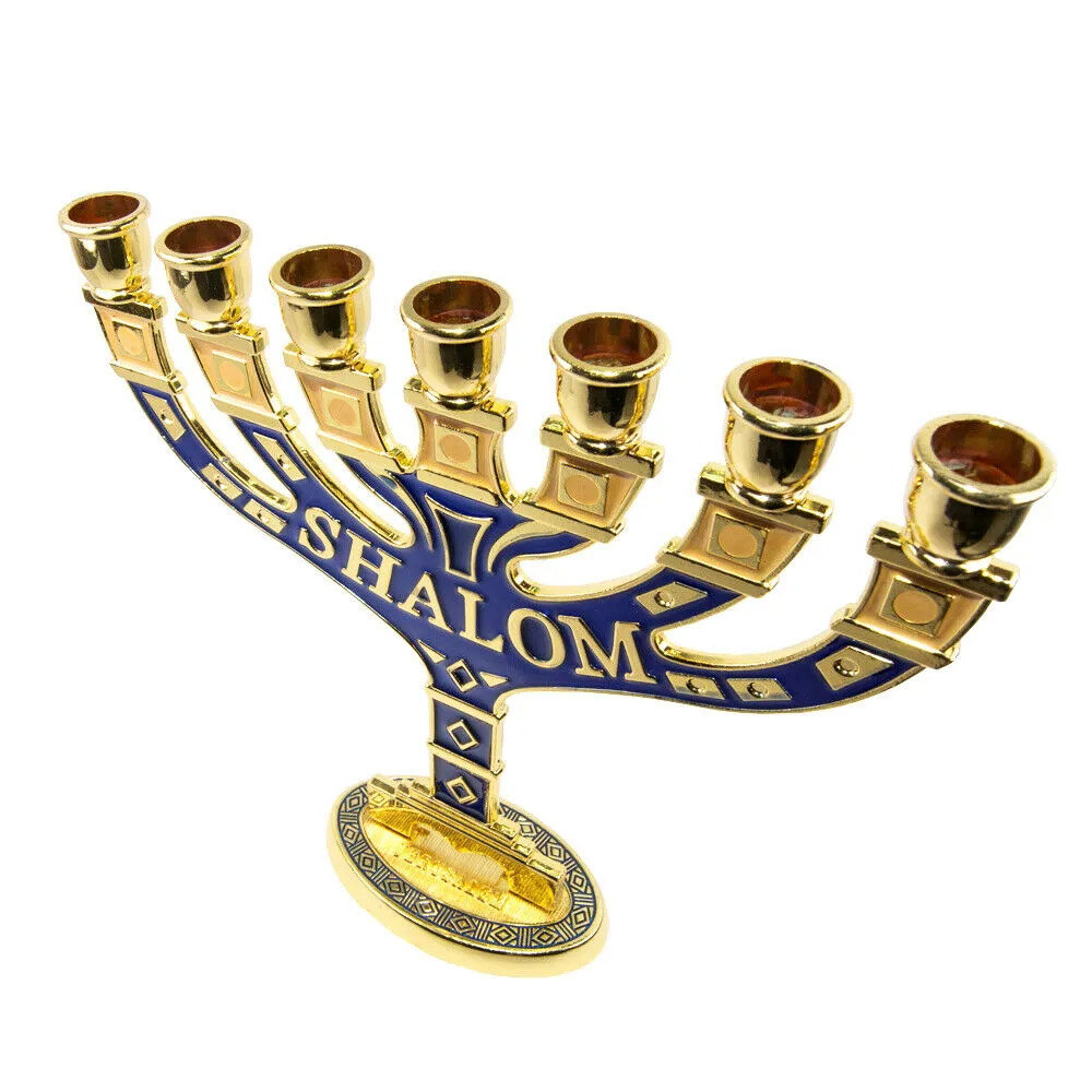 Menorah Seven-branched Candle Holder Jerusalem Blue Enamel Israel Judaica 6