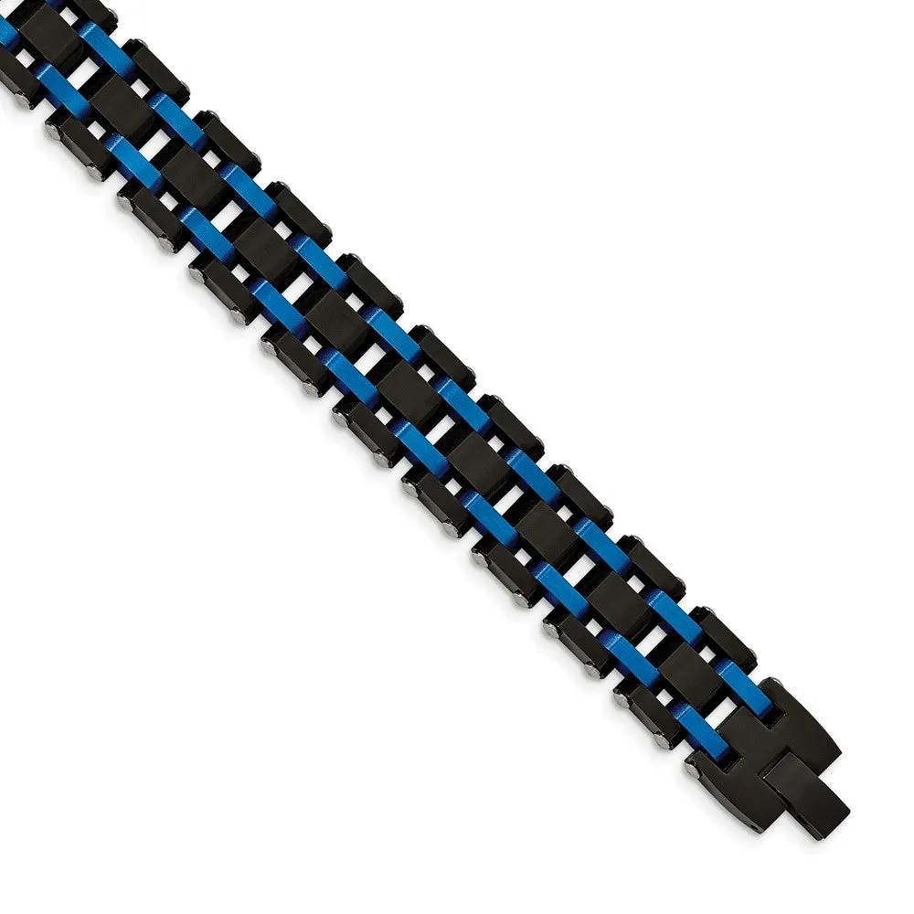 Mens 16mm Stainless Steel, Black & Blue Plated Link Bracelet, 8.5 Inch