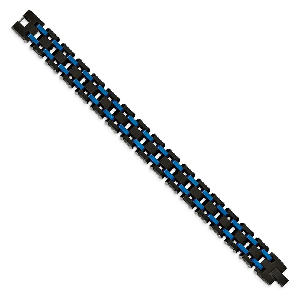 Mens 16mm Stainless Steel, Black & Blue Plated Link Bracelet, 8.5 Inch