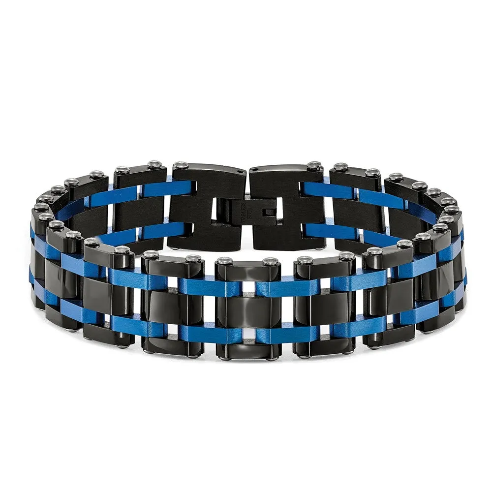 Mens 16mm Stainless Steel, Black & Blue Plated Link Bracelet, 8.5 Inch