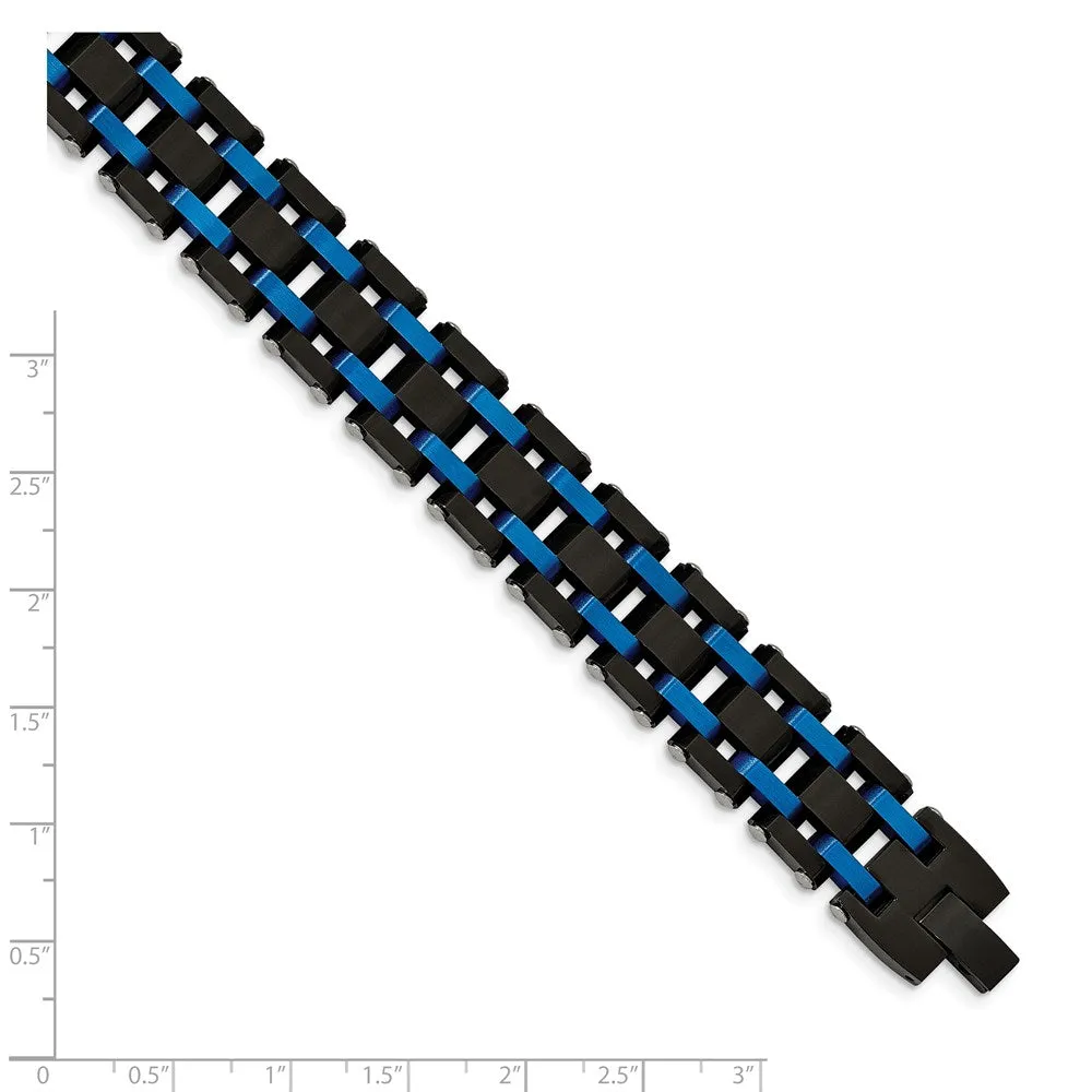 Mens 16mm Stainless Steel, Black & Blue Plated Link Bracelet, 8.5 Inch