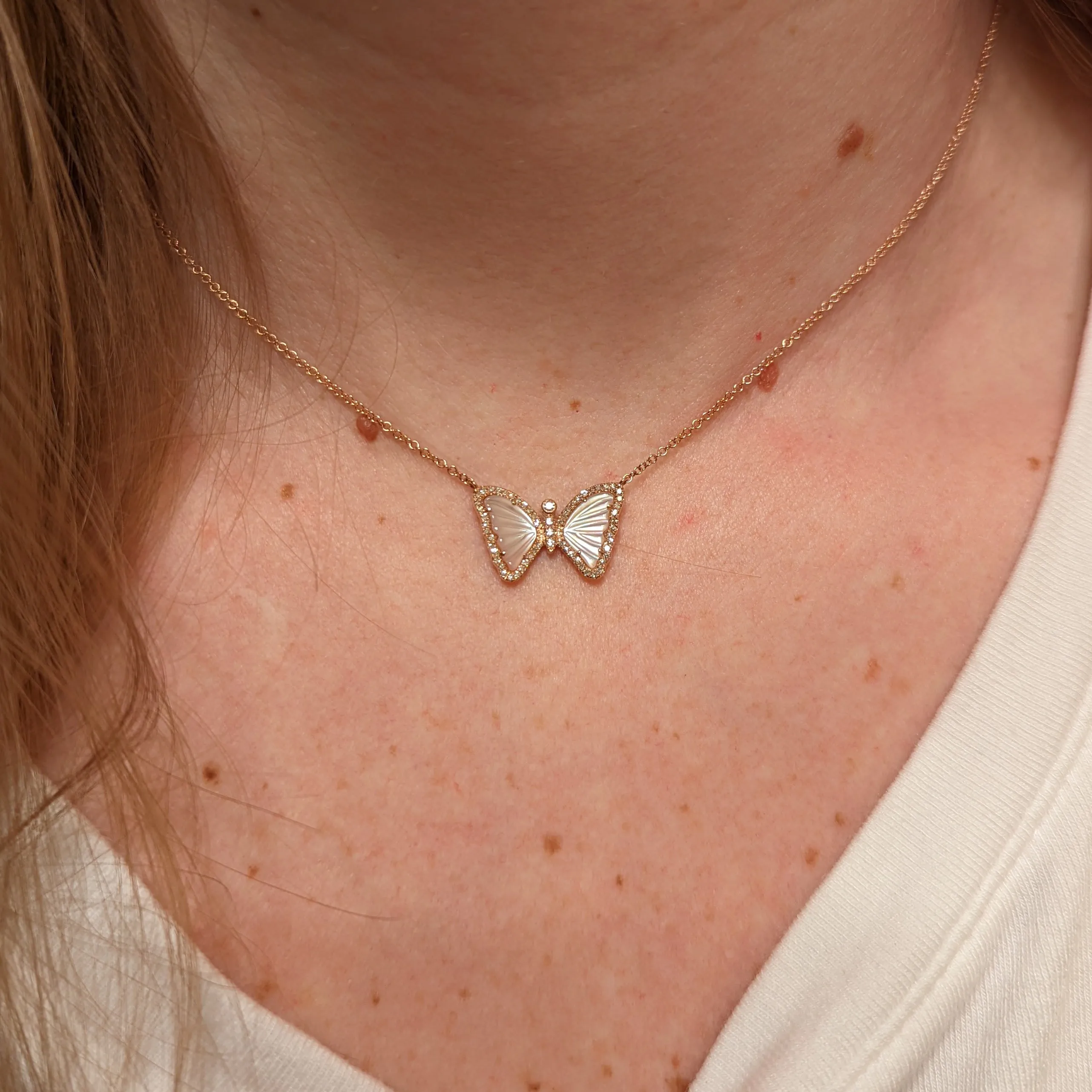 Mini Pink Pearl Butterfly Necklace with Diamonds