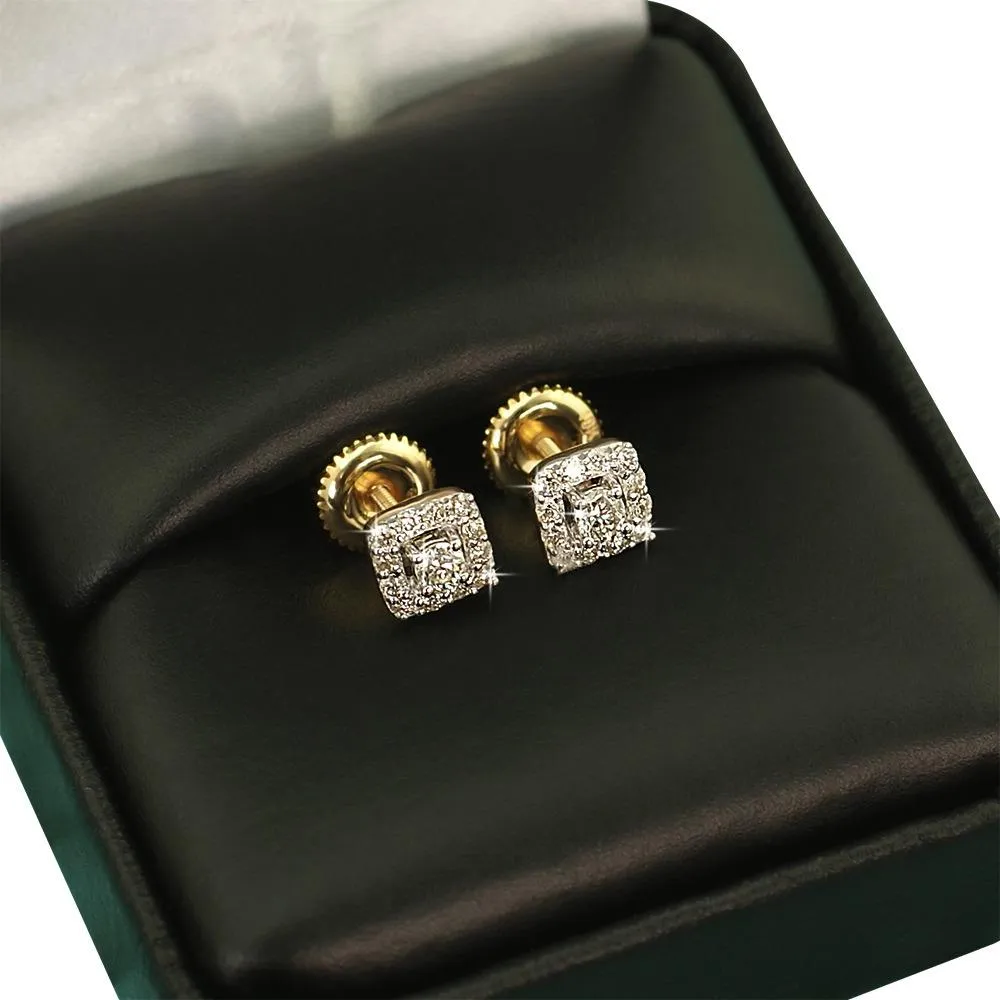 Mini Square Halo Diamond Earrings .34cttw 10K Yellow Gold