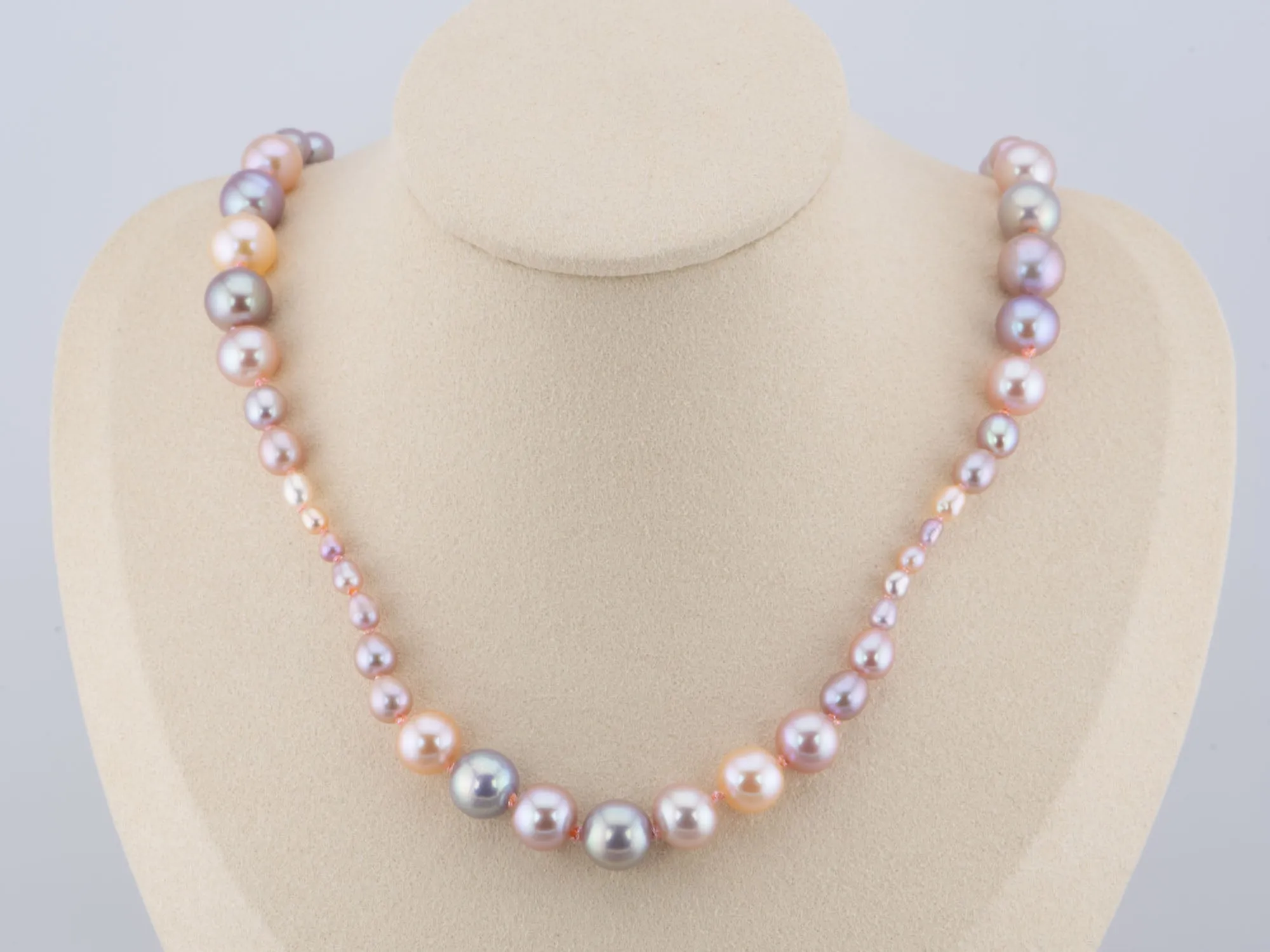 Mixed Size Lavender Pink Pearl Hand Knotted Necklace with 14K Gold Filled Closure P1072