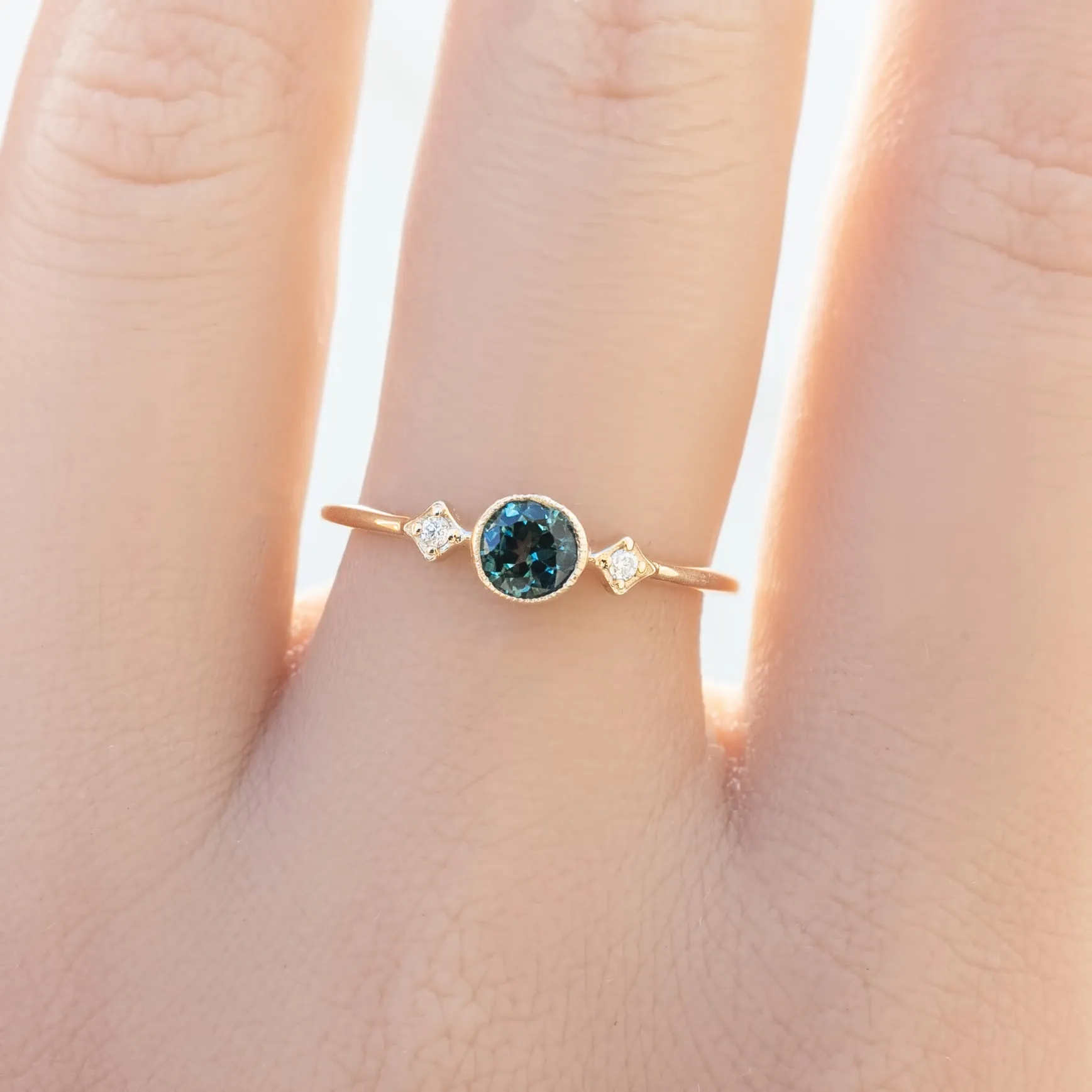 Moon & Star Ring 4.5mm 0.45ct Peacock Green Queensland Sapphire 14K Yellow Gold