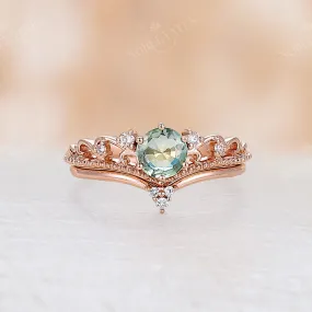 Natural Green Sapphire Vintage Rose Gold Milgrain Engagement Ring Set