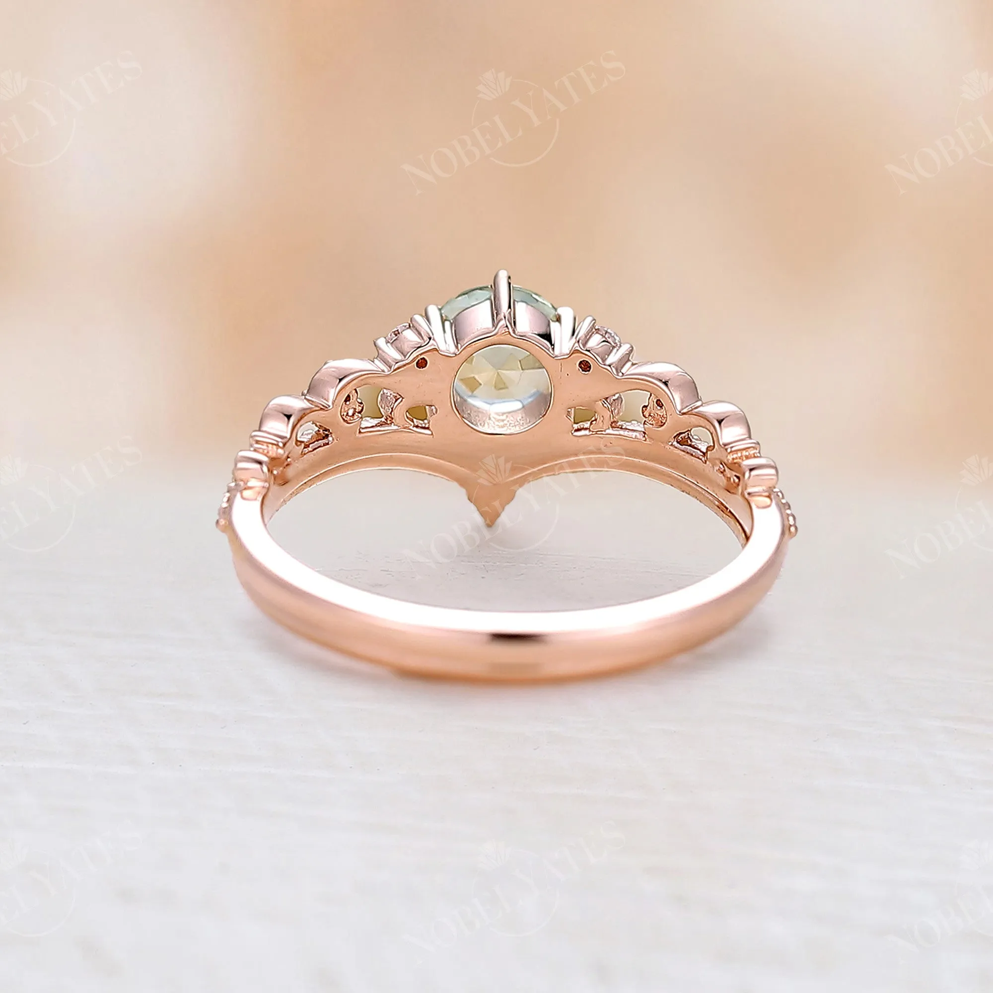 Natural Green Sapphire Vintage Rose Gold Milgrain Engagement Ring Set