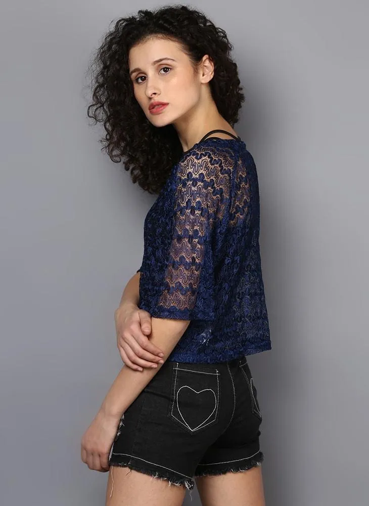 Navy Blue Textured Sheer Top