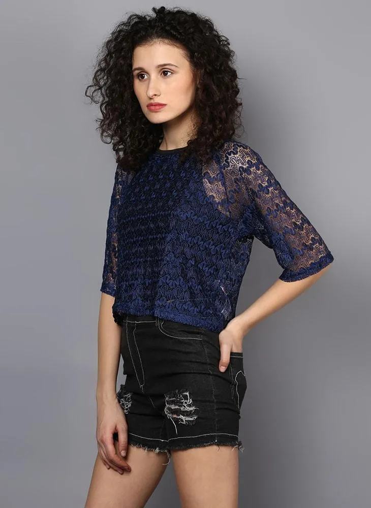 Navy Blue Textured Sheer Top