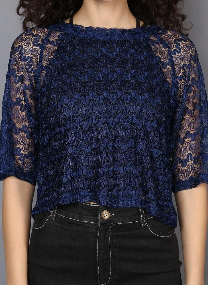 Navy Blue Textured Sheer Top