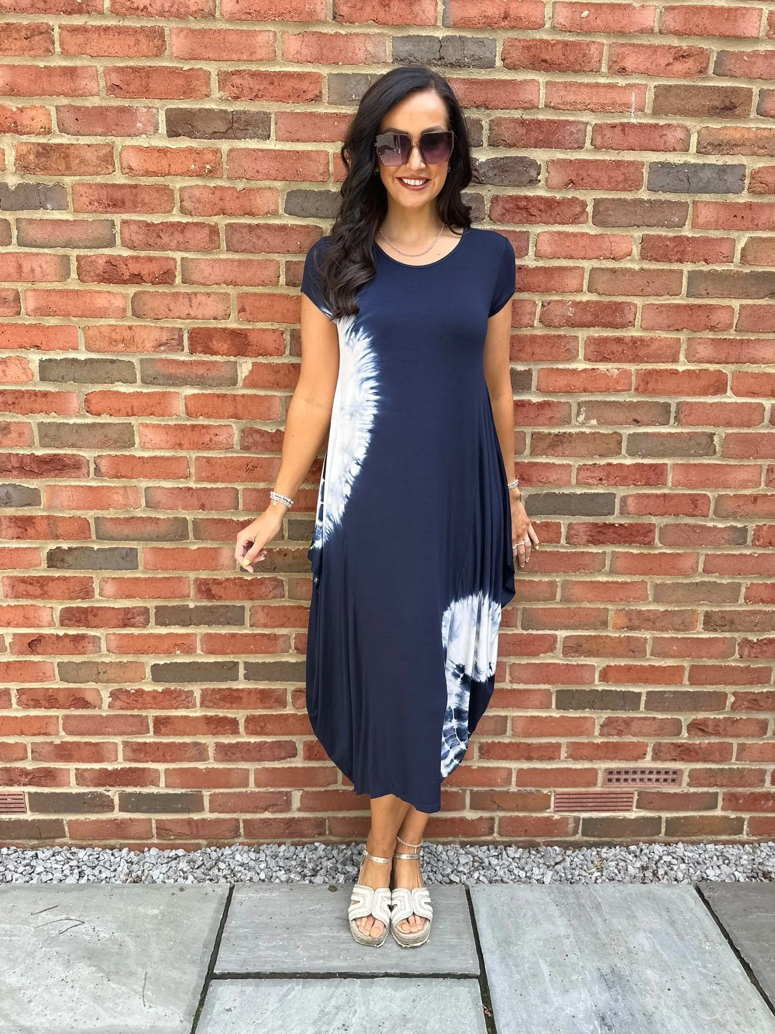 Navy Cap Sleeve Tie Dye Dress Harmony