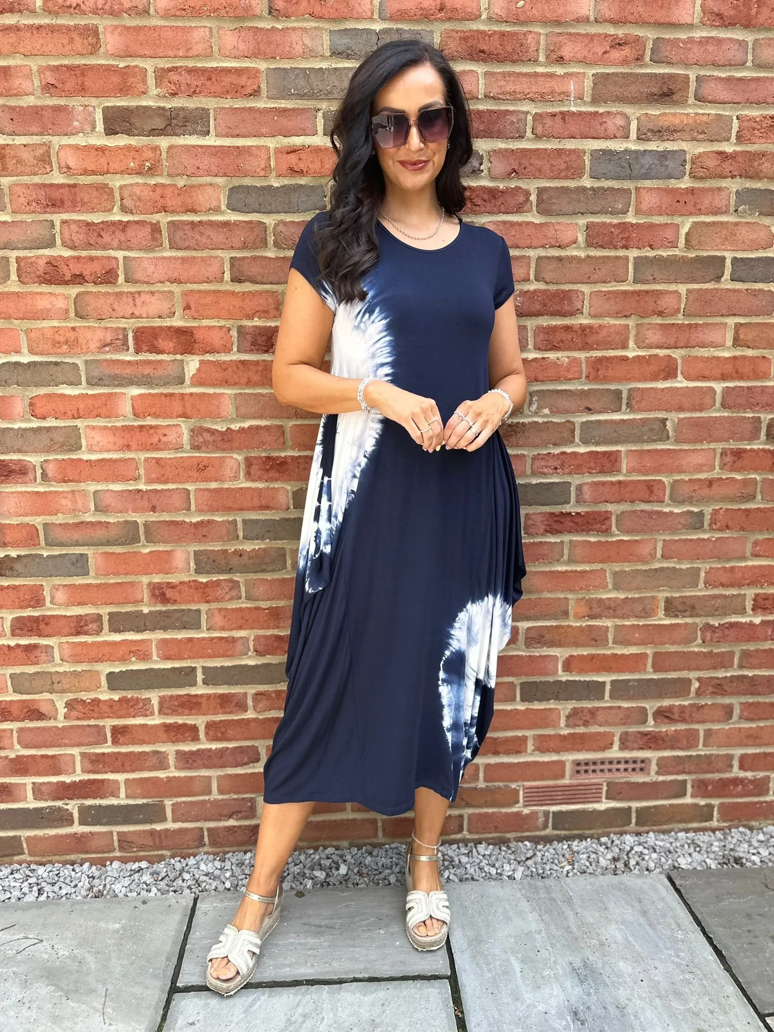 Navy Cap Sleeve Tie Dye Dress Harmony