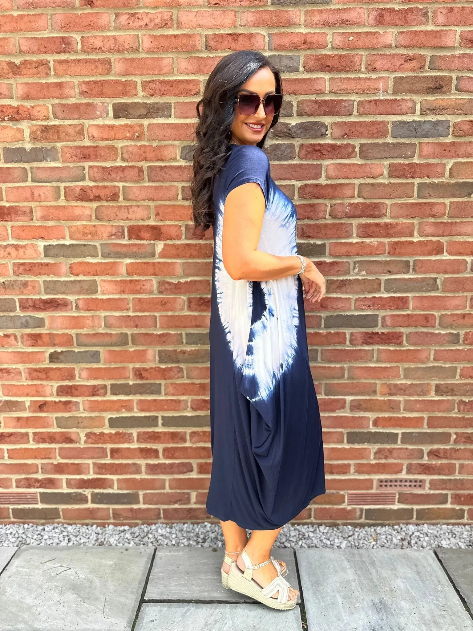 Navy Cap Sleeve Tie Dye Dress Harmony