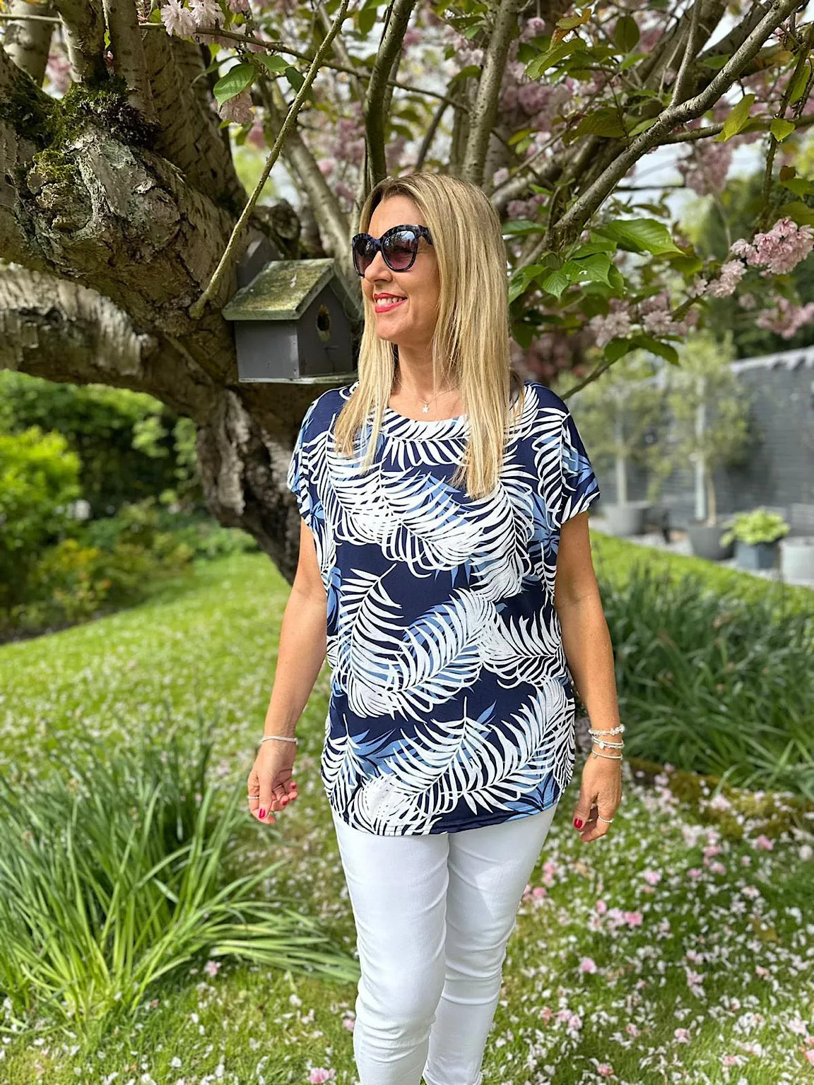 Navy Leaf Print Top Victoria