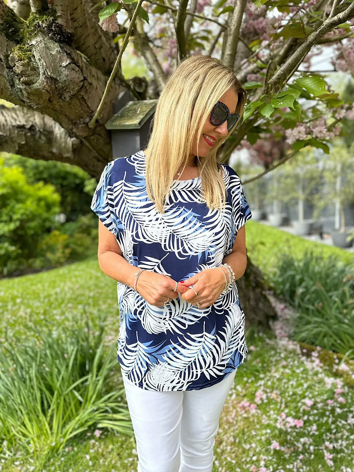 Navy Leaf Print Top Victoria