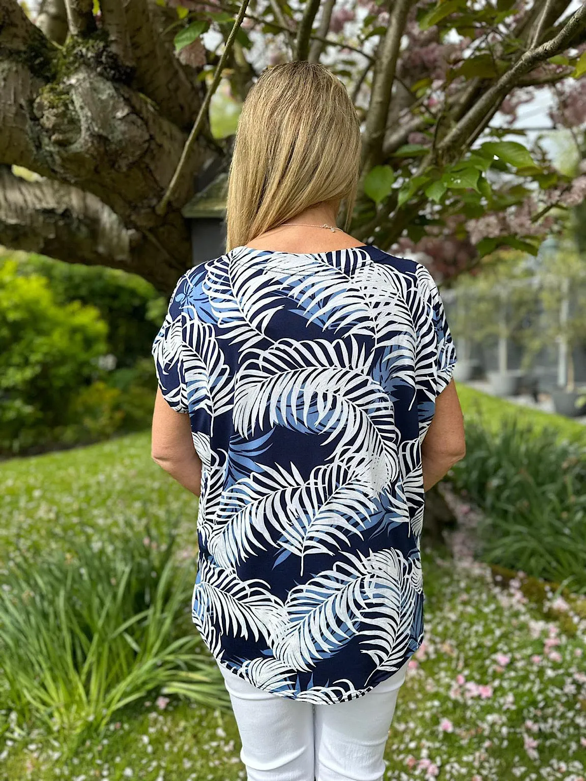 Navy Leaf Print Top Victoria