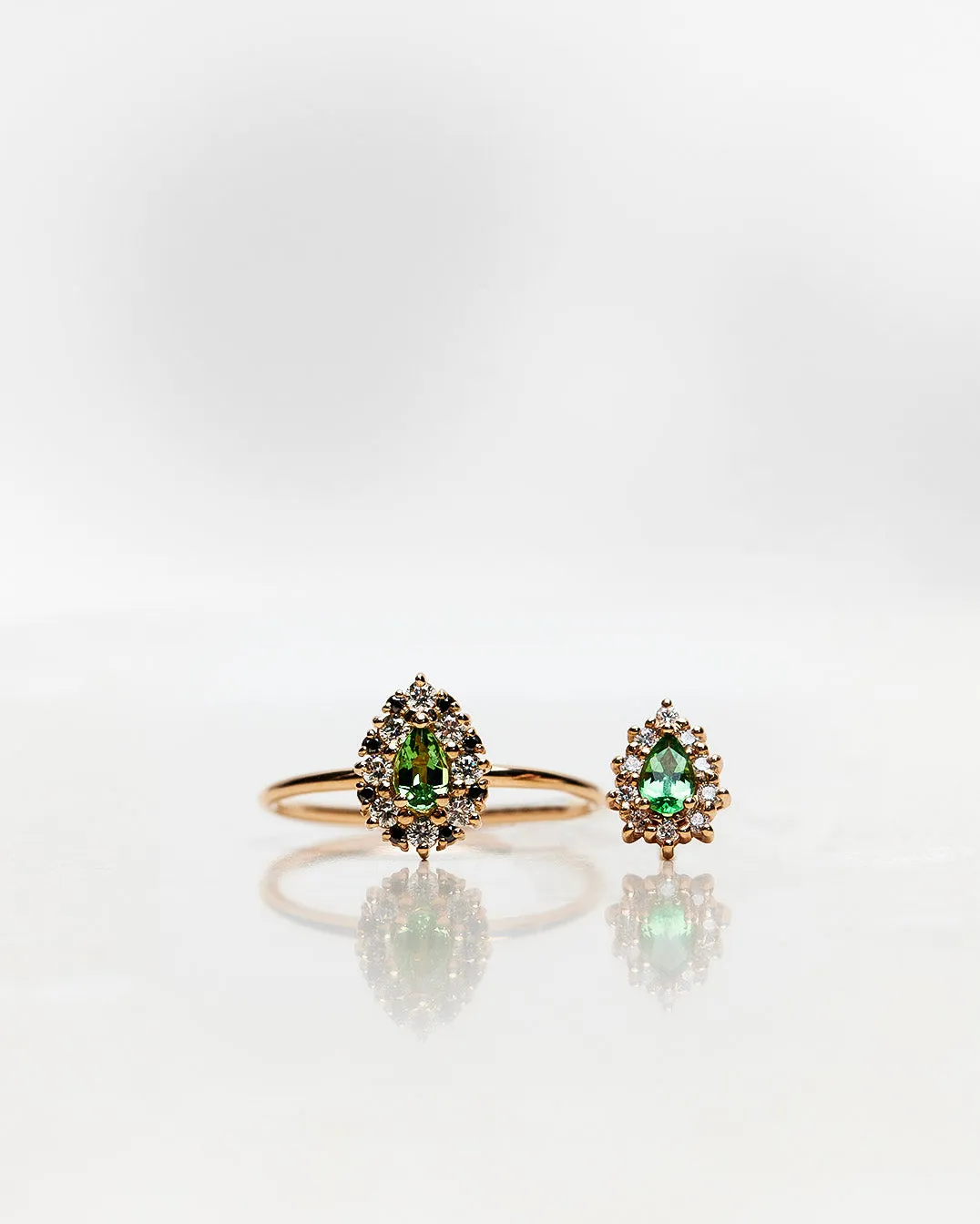 One-of-a-Kind Drop Ring with a Green Tourmaline Drop and a Halo of Black and White Diamond Brilliants