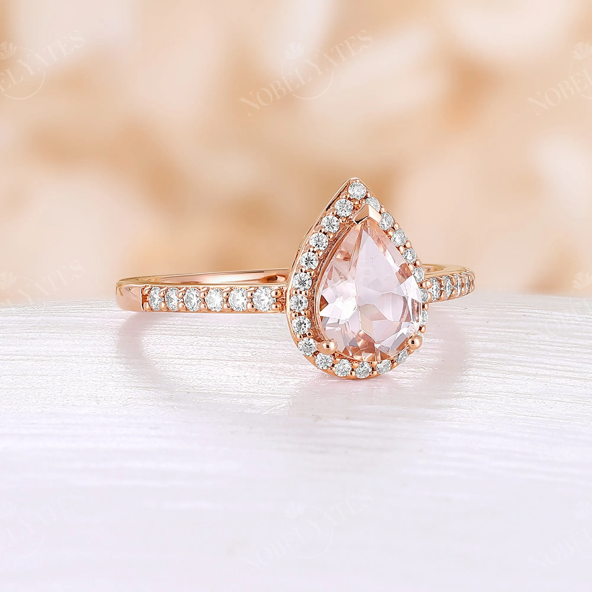 Pear Orange Pink Morganite Rose Gold Halo & Pave Engagement Ring