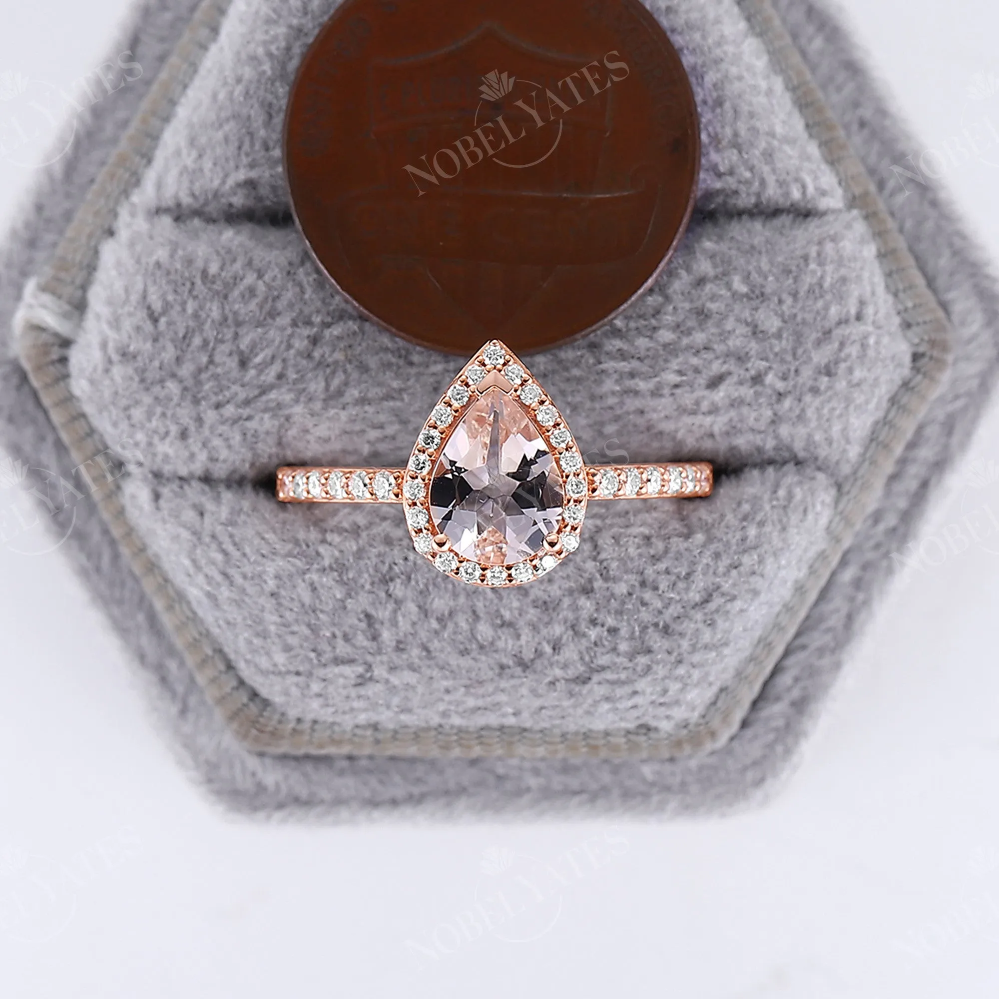 Pear Orange Pink Morganite Rose Gold Halo & Pave Engagement Ring