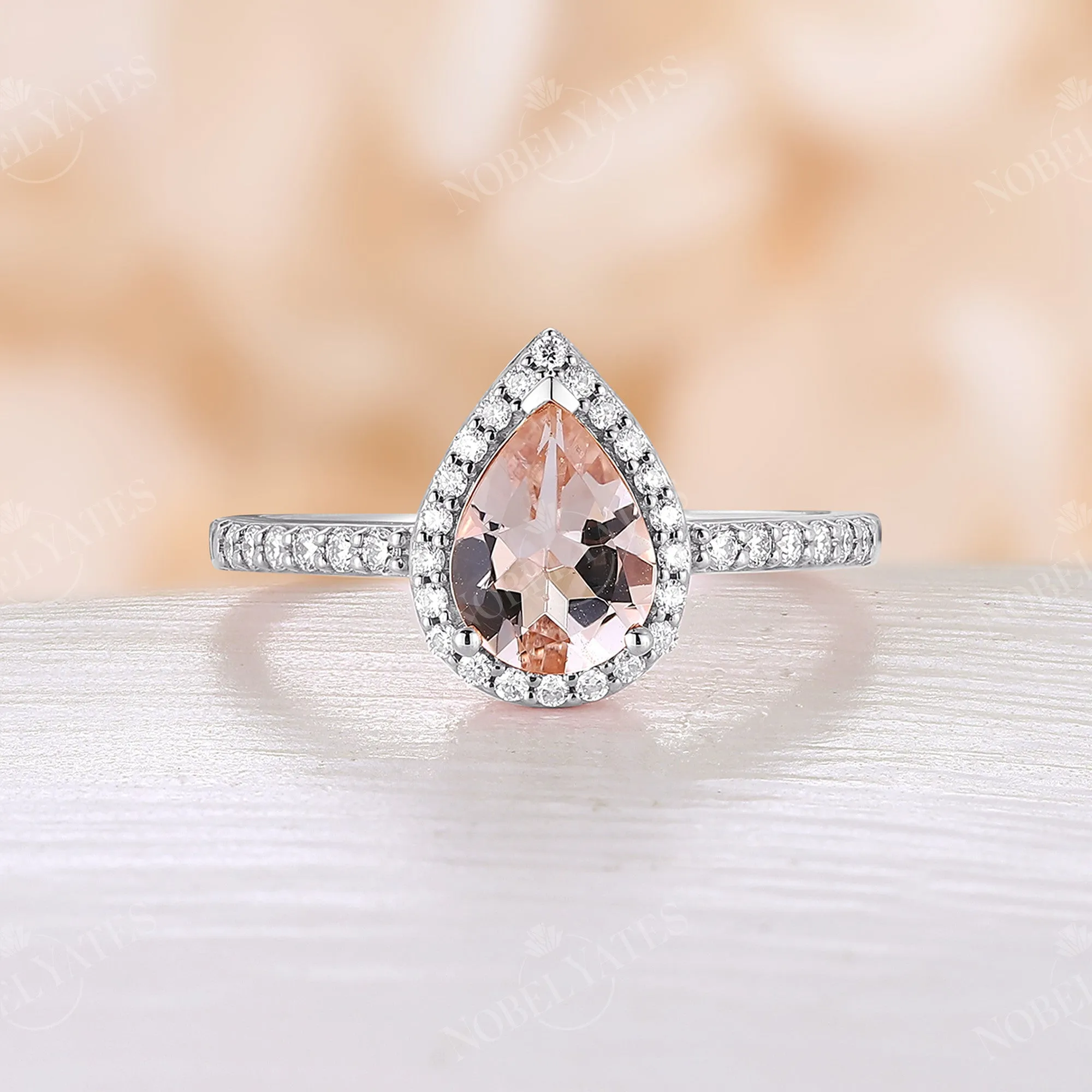 Pear Orange Pink Morganite Rose Gold Halo & Pave Engagement Ring