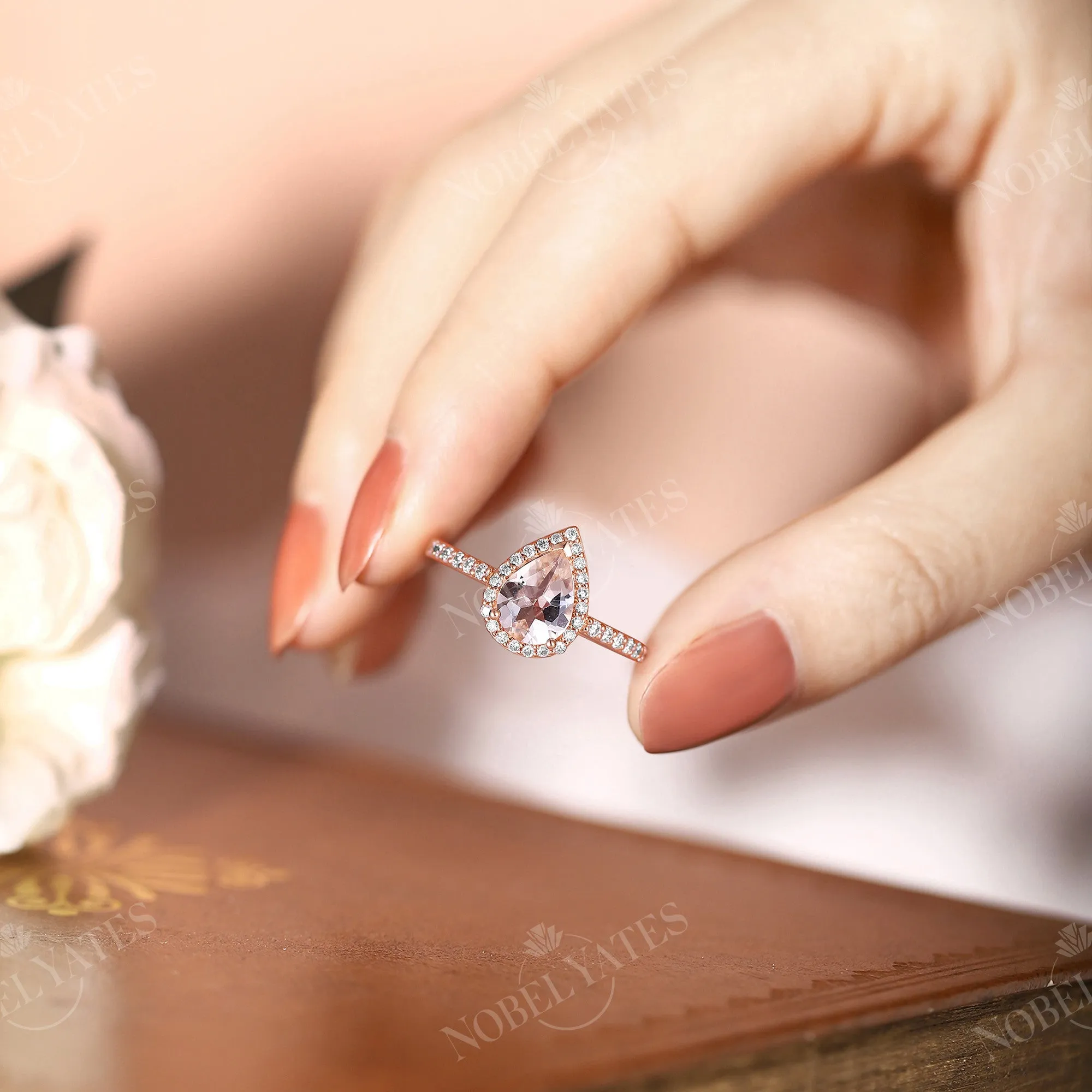 Pear Orange Pink Morganite Rose Gold Halo & Pave Engagement Ring