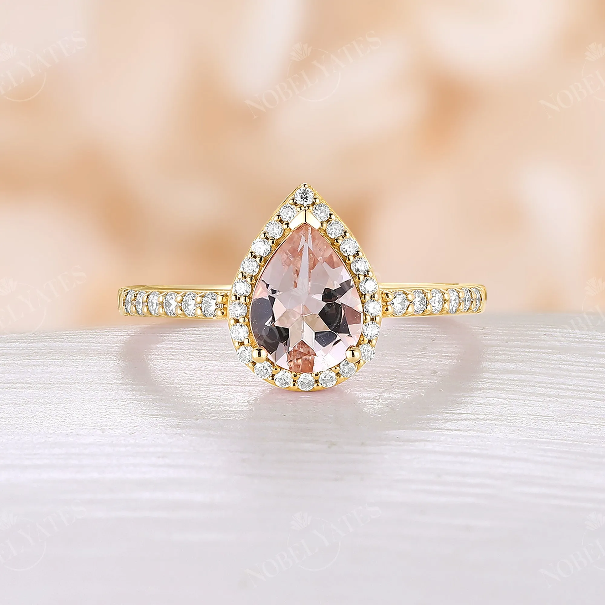 Pear Orange Pink Morganite Rose Gold Halo & Pave Engagement Ring