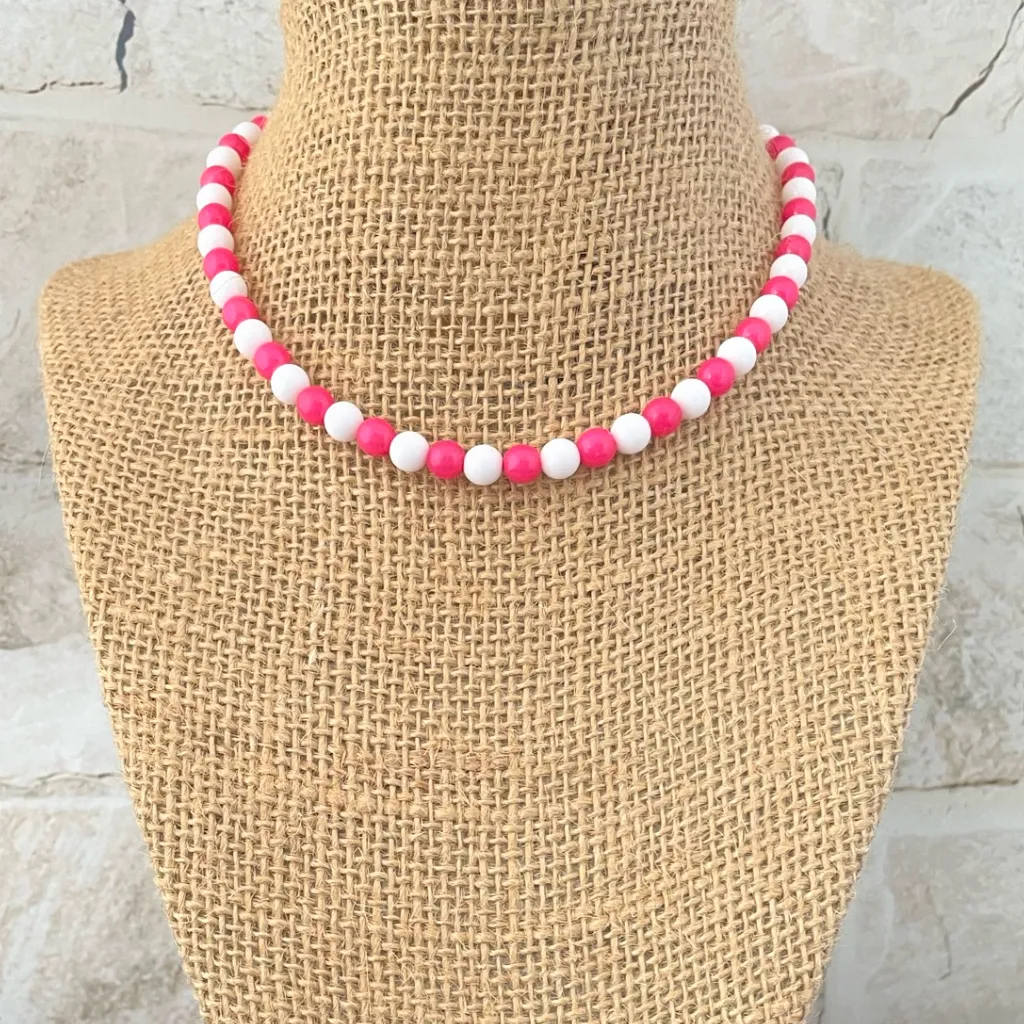 Pink and White Czech Beaded Necklace