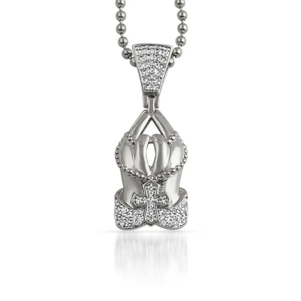 Prayer Hands Cross CZ Polished Bling Pendant Rhodium