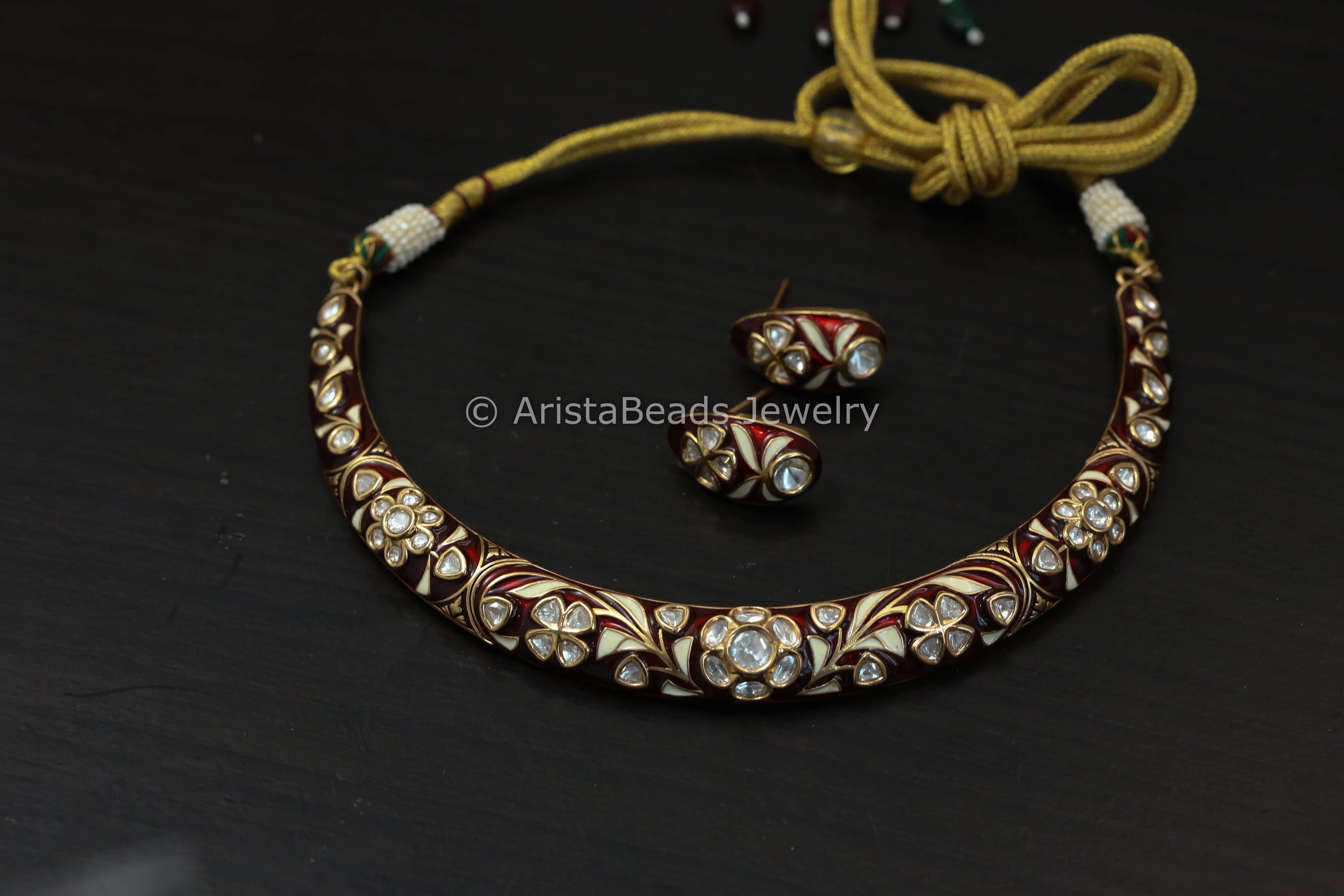 Premium Meenakari Uncut Kundan Hasli Set - Red Enamel