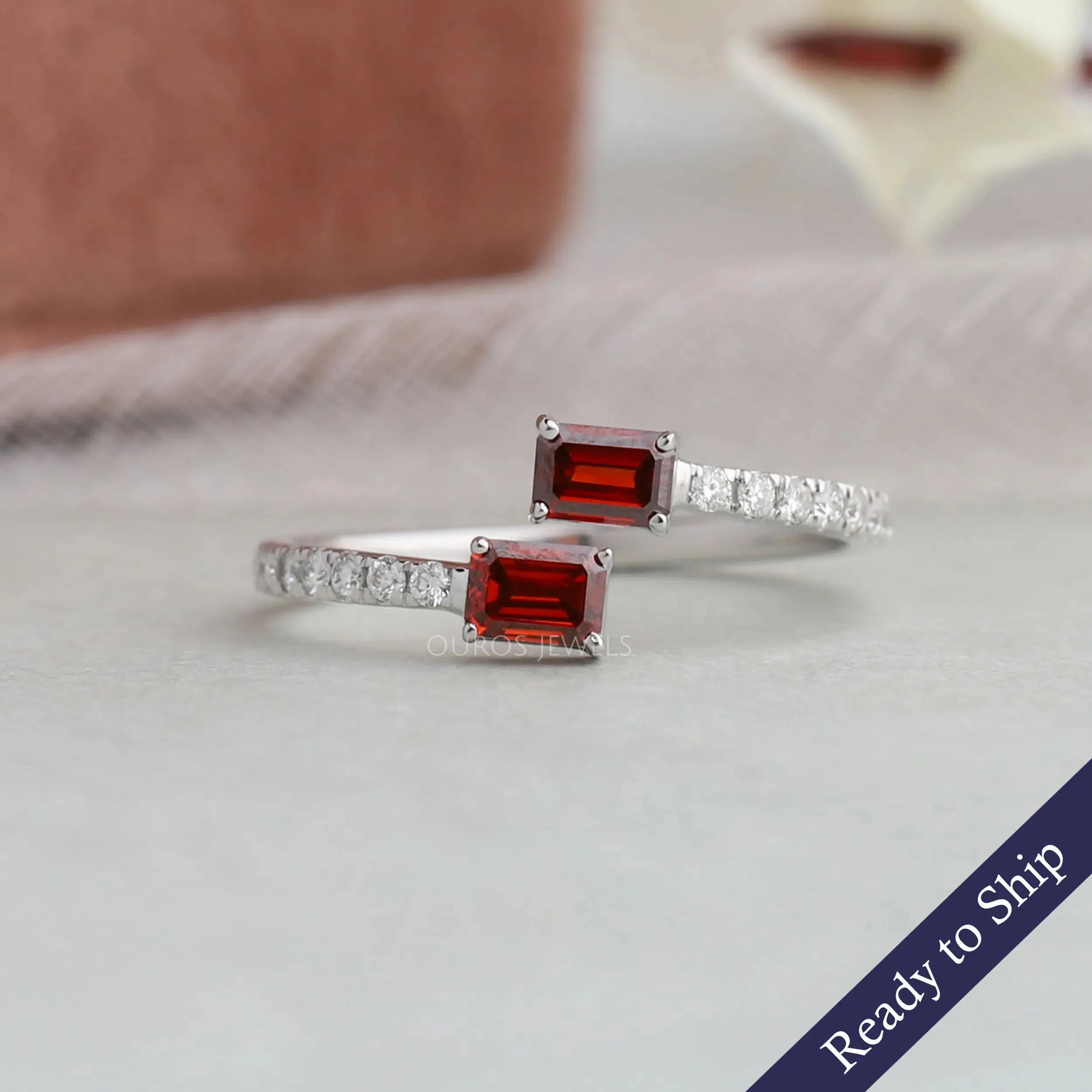 Red Emerald Cut Two Stone Solitaire Accent Ring