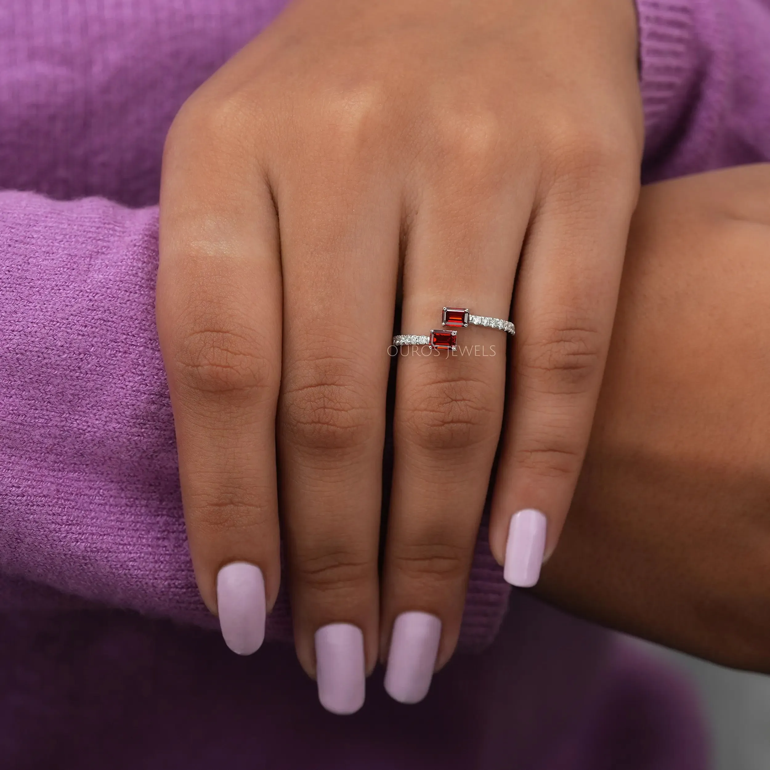 Red Emerald Cut Two Stone Solitaire Accent Ring