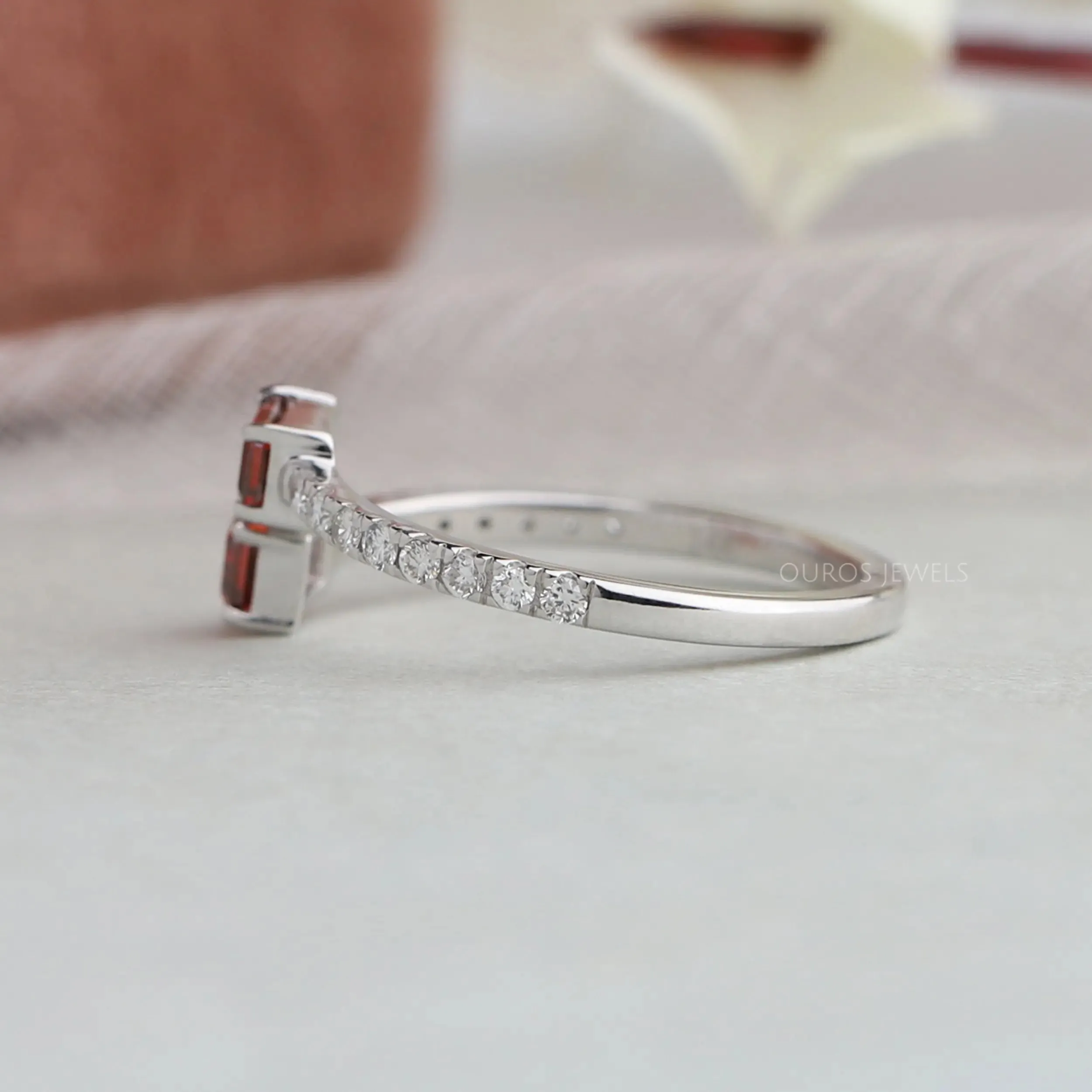 Red Emerald Cut Two Stone Solitaire Accent Ring