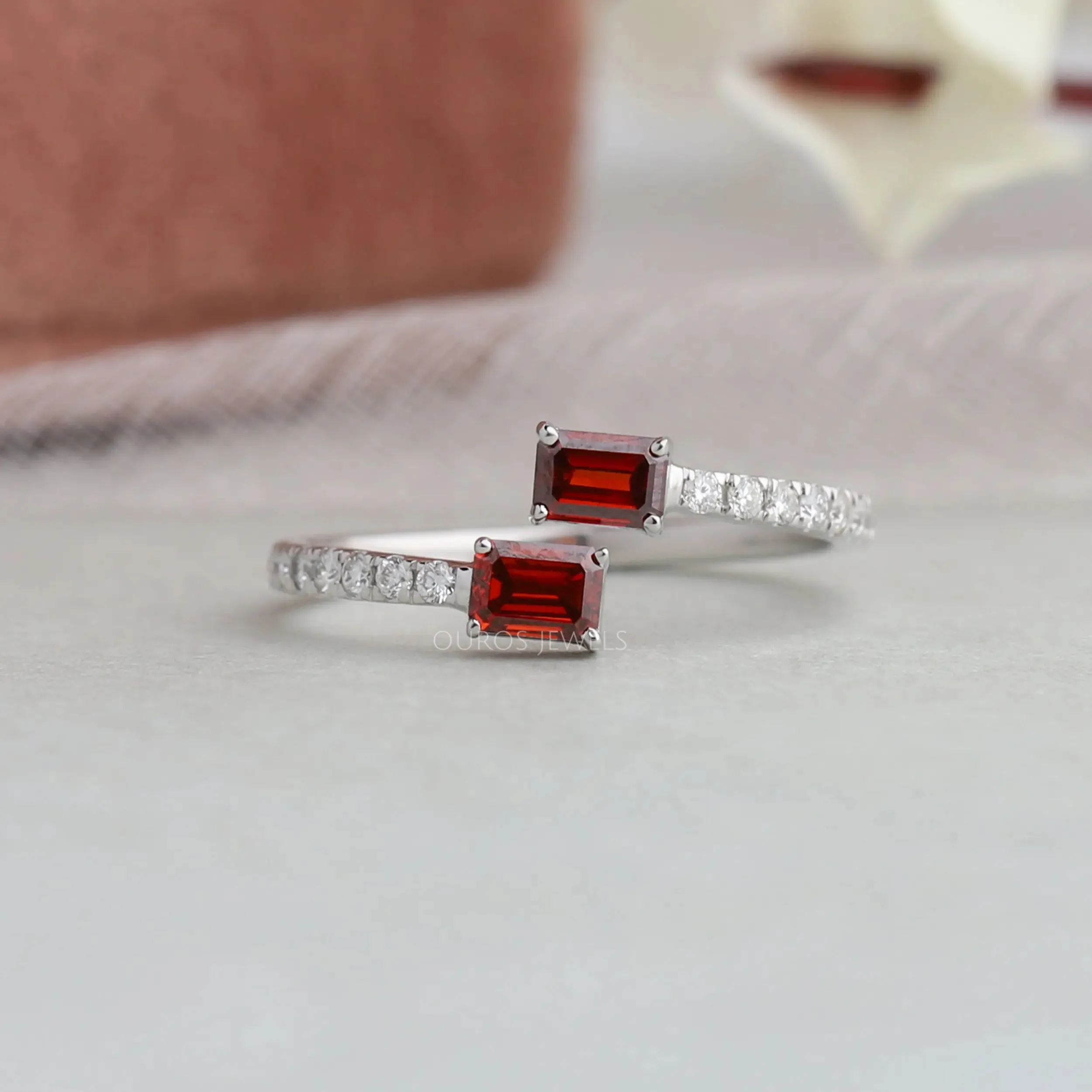 Red Emerald Cut Two Stone Solitaire Accent Ring