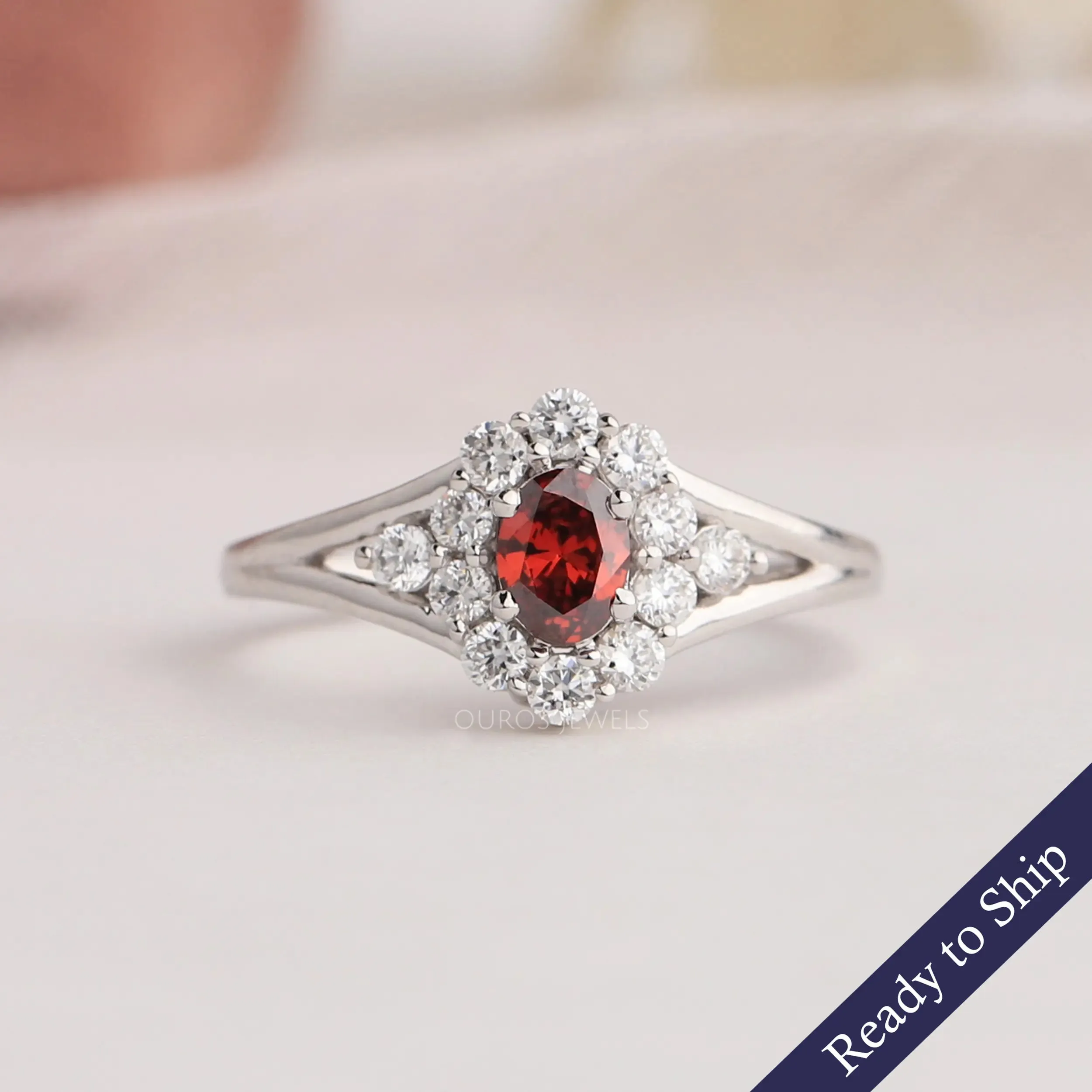 Red Oval Cut Halo Diamond Ring