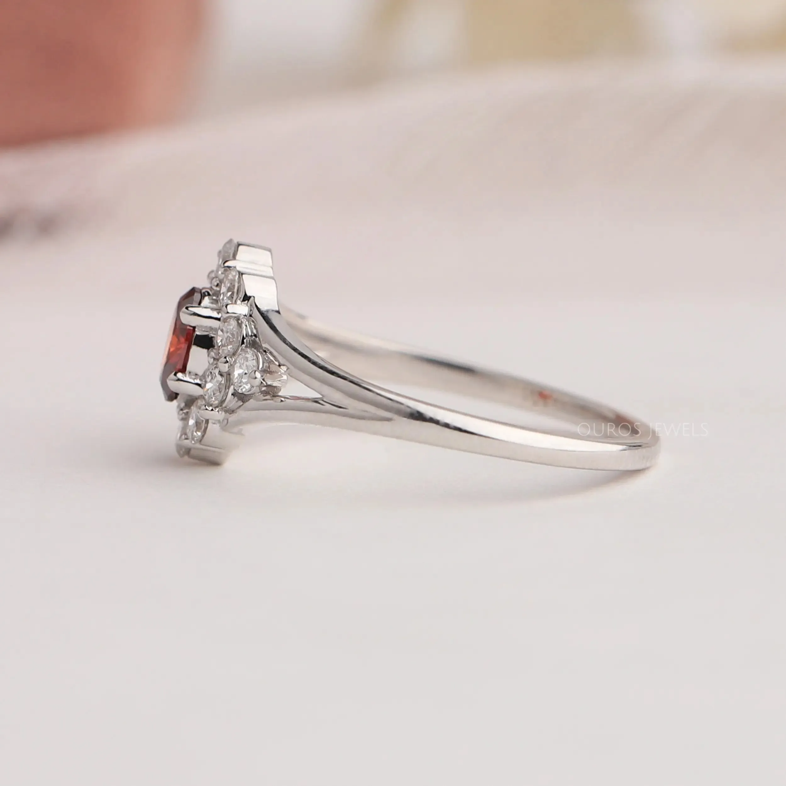 Red Oval Cut Halo Diamond Ring