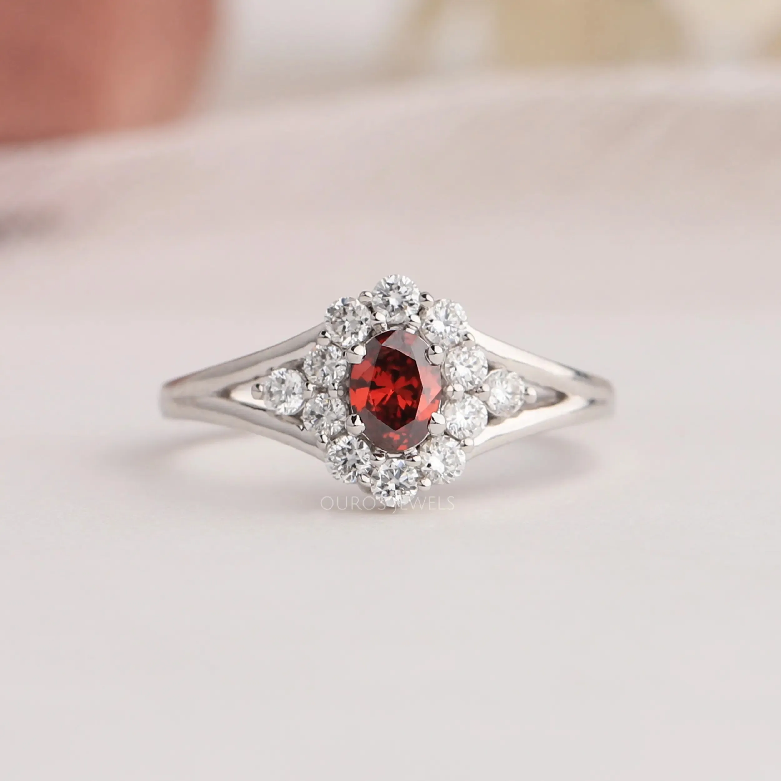 Red Oval Cut Halo Diamond Ring