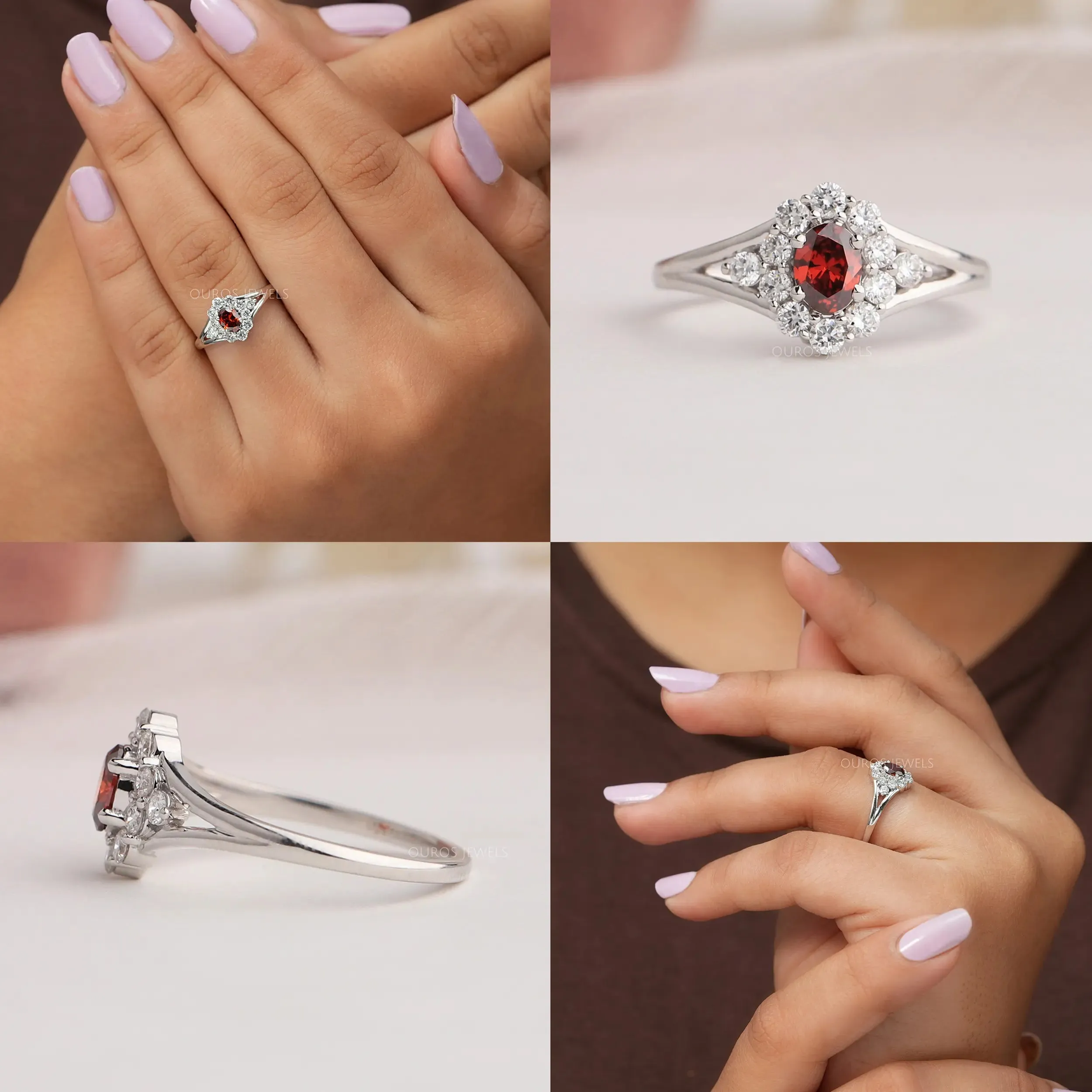 Red Oval Cut Halo Diamond Ring