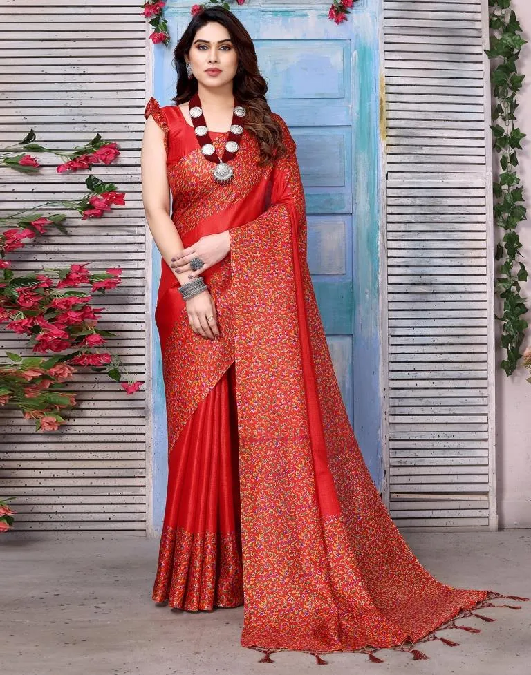 Red Printed Silk Saree