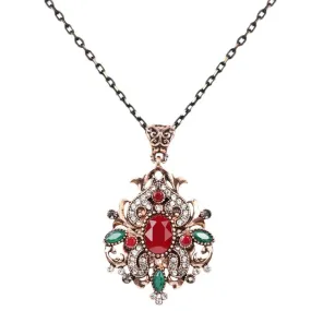 Red Stone Ornate Gold Pendant Necklace